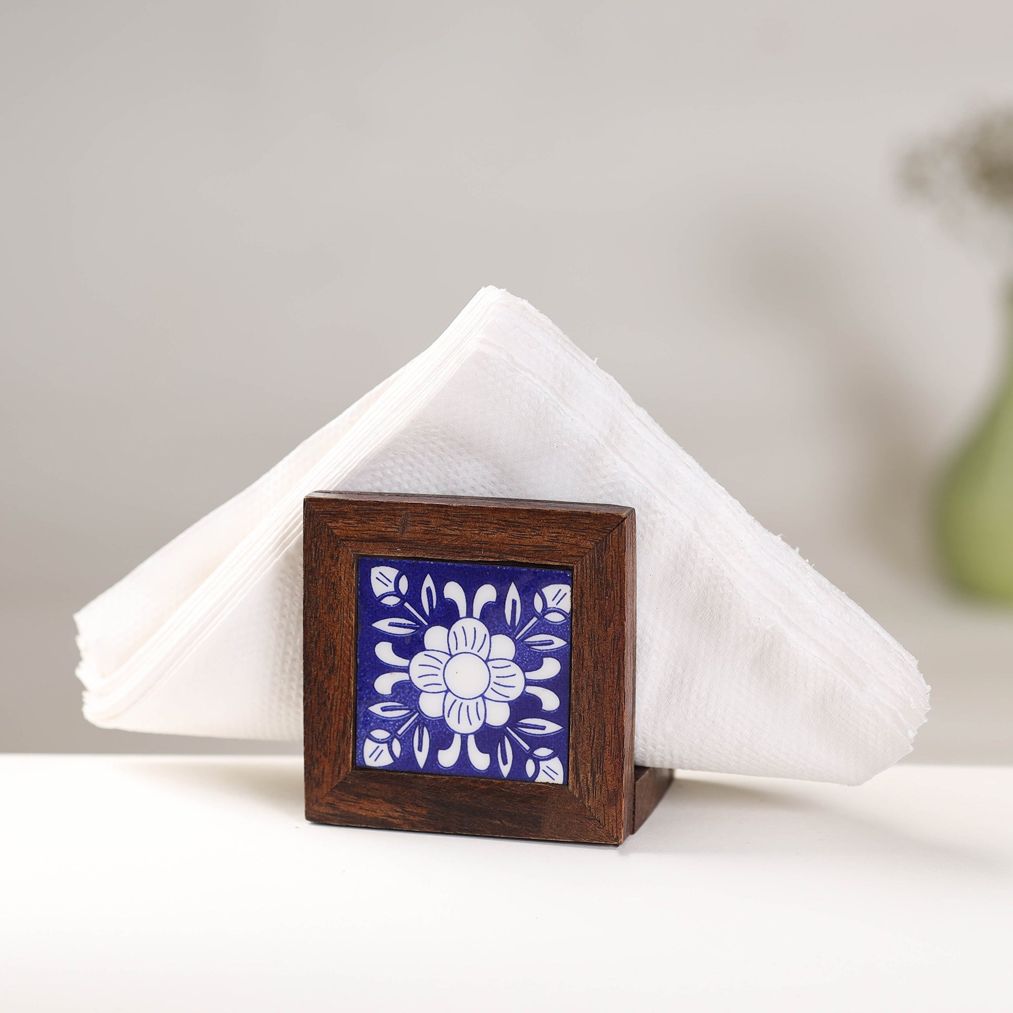 RAJASTHAN BLUE POTTERY Brown - Original Blue Pottery Ceramic Sheesham Wood Napkin Holder