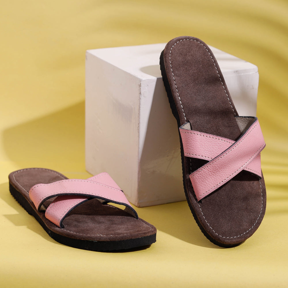 AASAI HANDICRAFT FOOTWEAR AUROVILLE Brown & Baby Pink Handcrafted Women's Leather Slippers with Suede