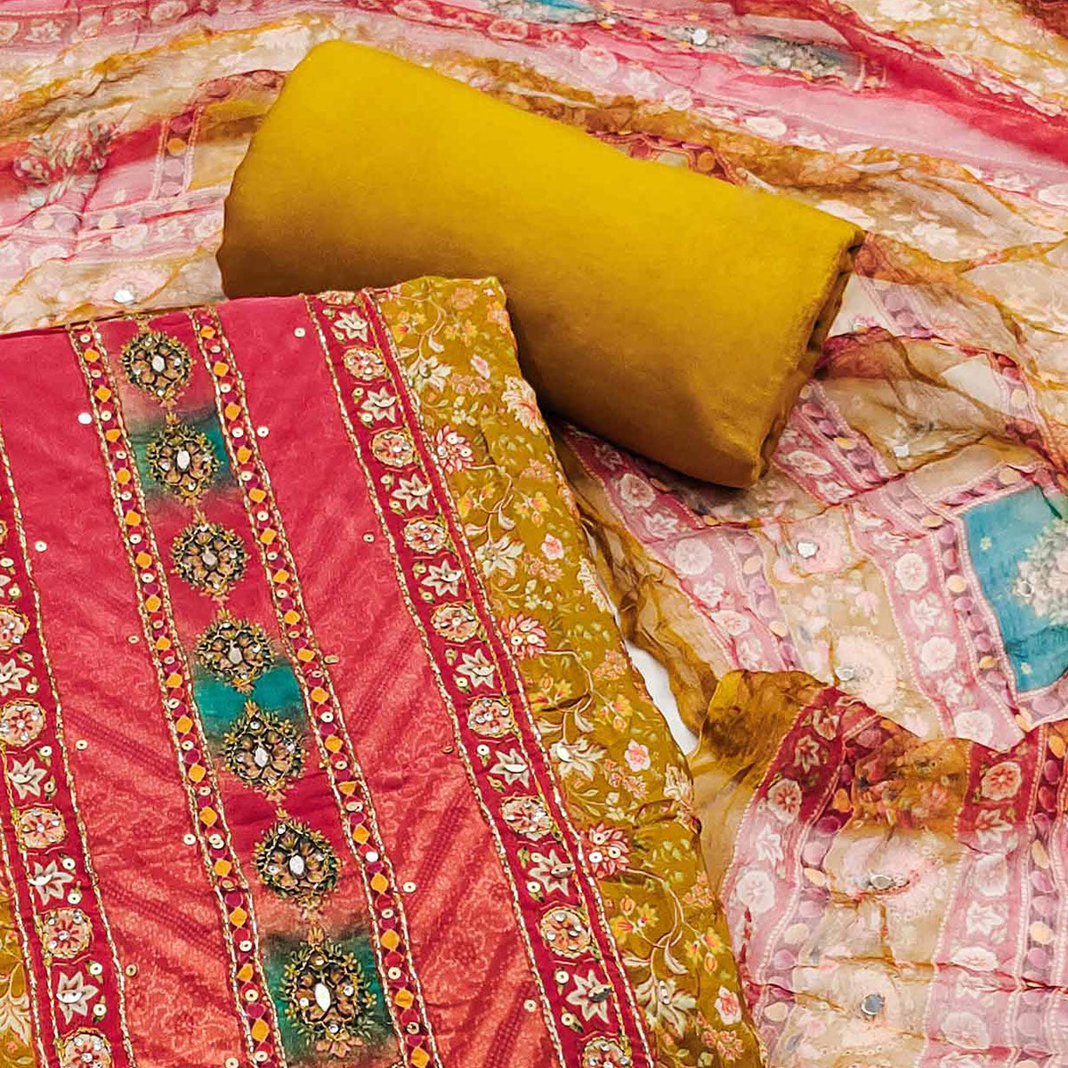 Peachmode Mustard Embroidered With Printed Work Muslin Dress Material - view 2