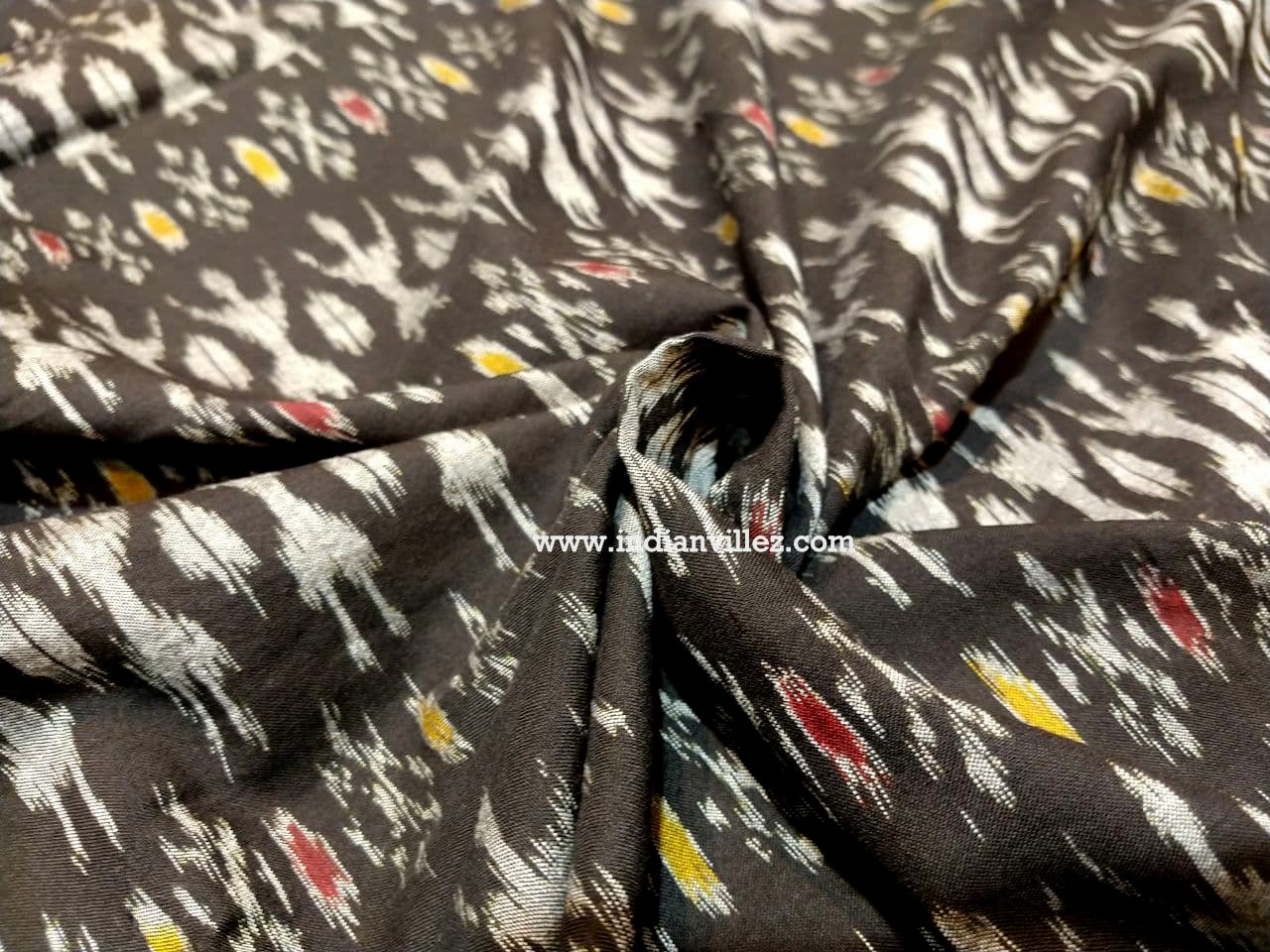 IndianVillèz White Tribal on Black with Red & Yellow Motif Cotton Ikat Fabric