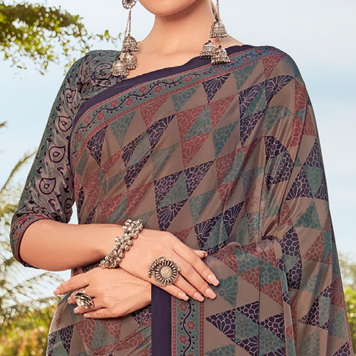 Peachmode Brown Printed Crepe Saree – Women's - view 2