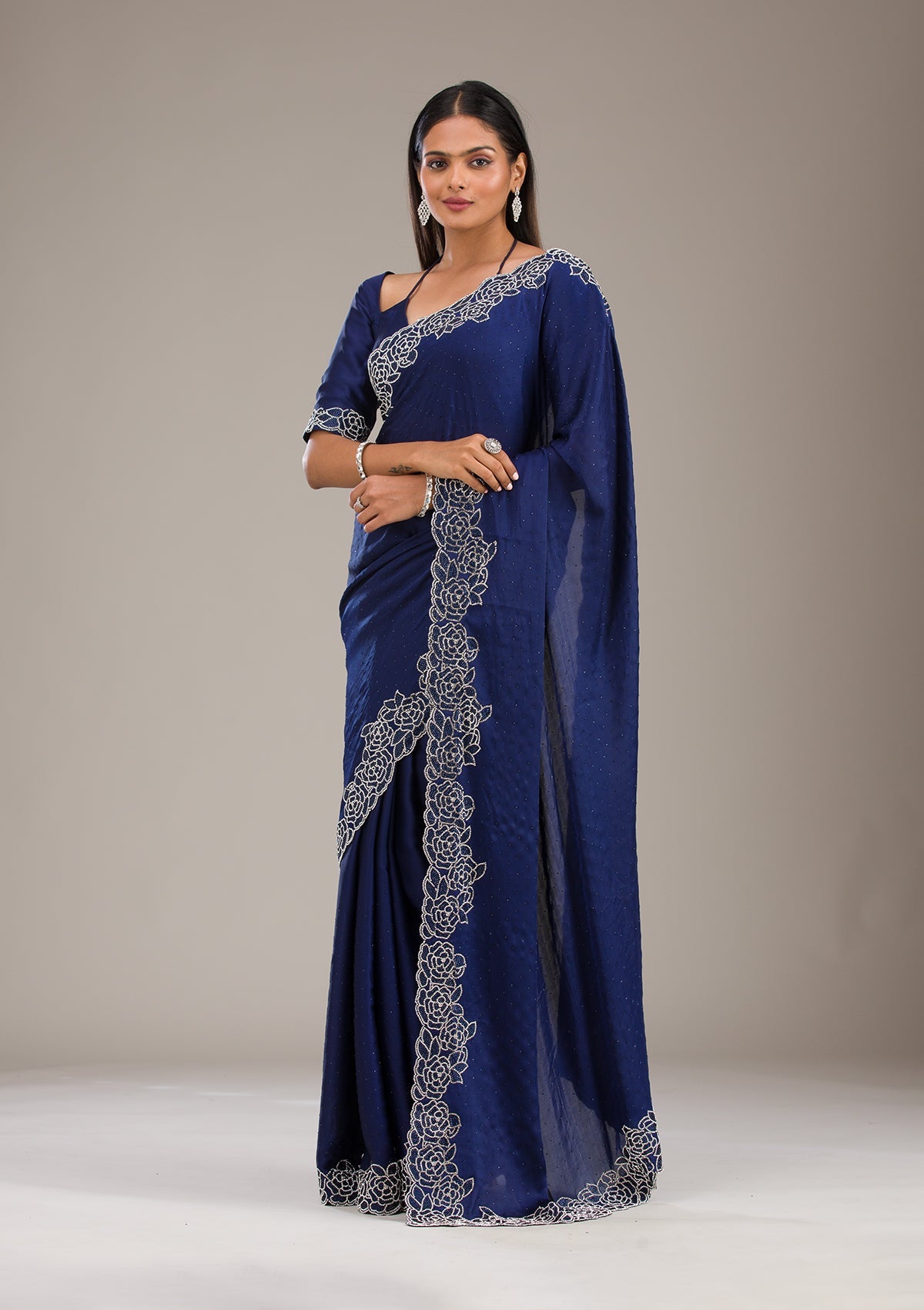 Koskii Navy Blue Swarovski Satin Saree – Women's - view 5