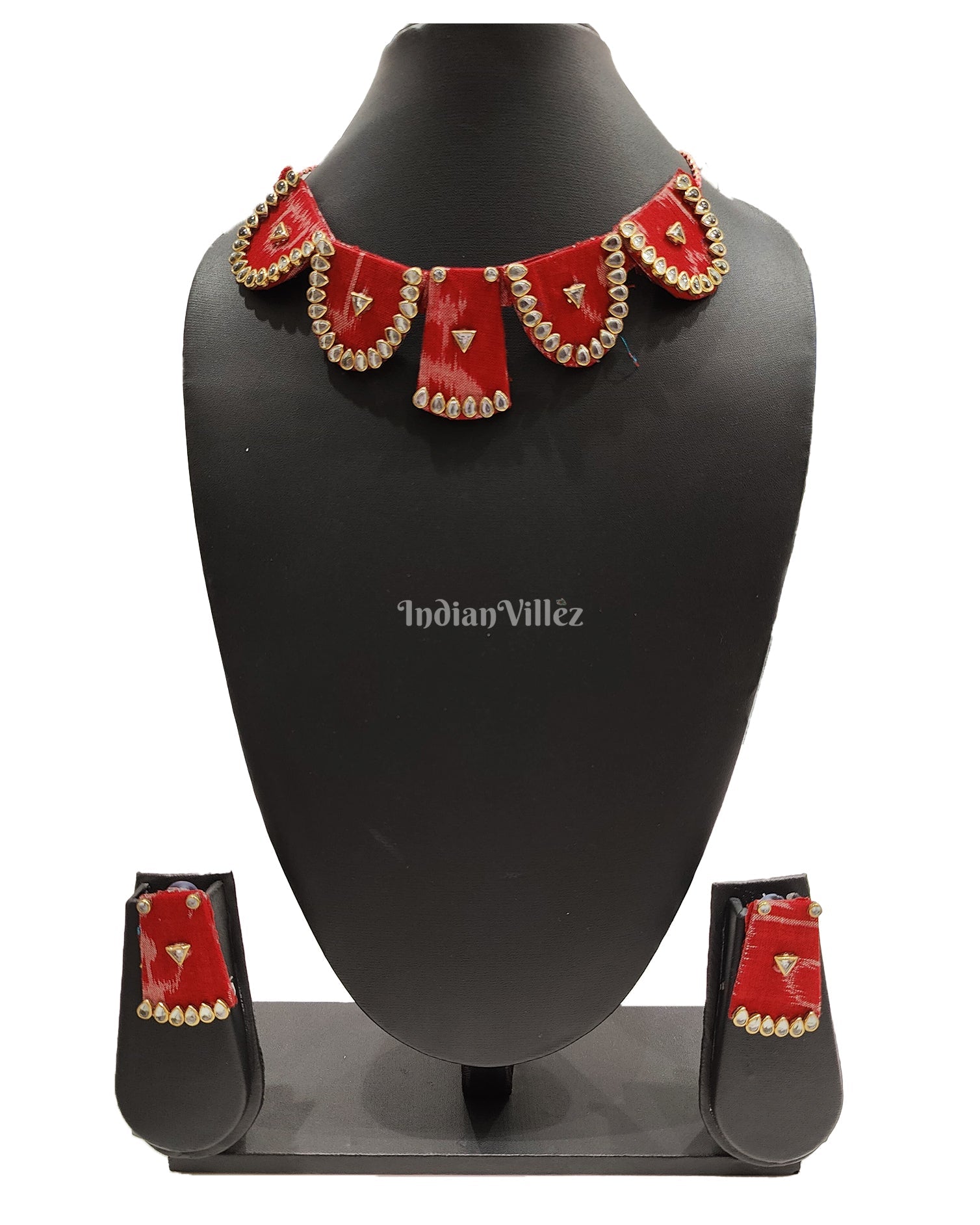 Necklace earrings set – IndianVillèz Red Sambalpuri Fabric Choker Jewellery - Necklace & Earrings Set