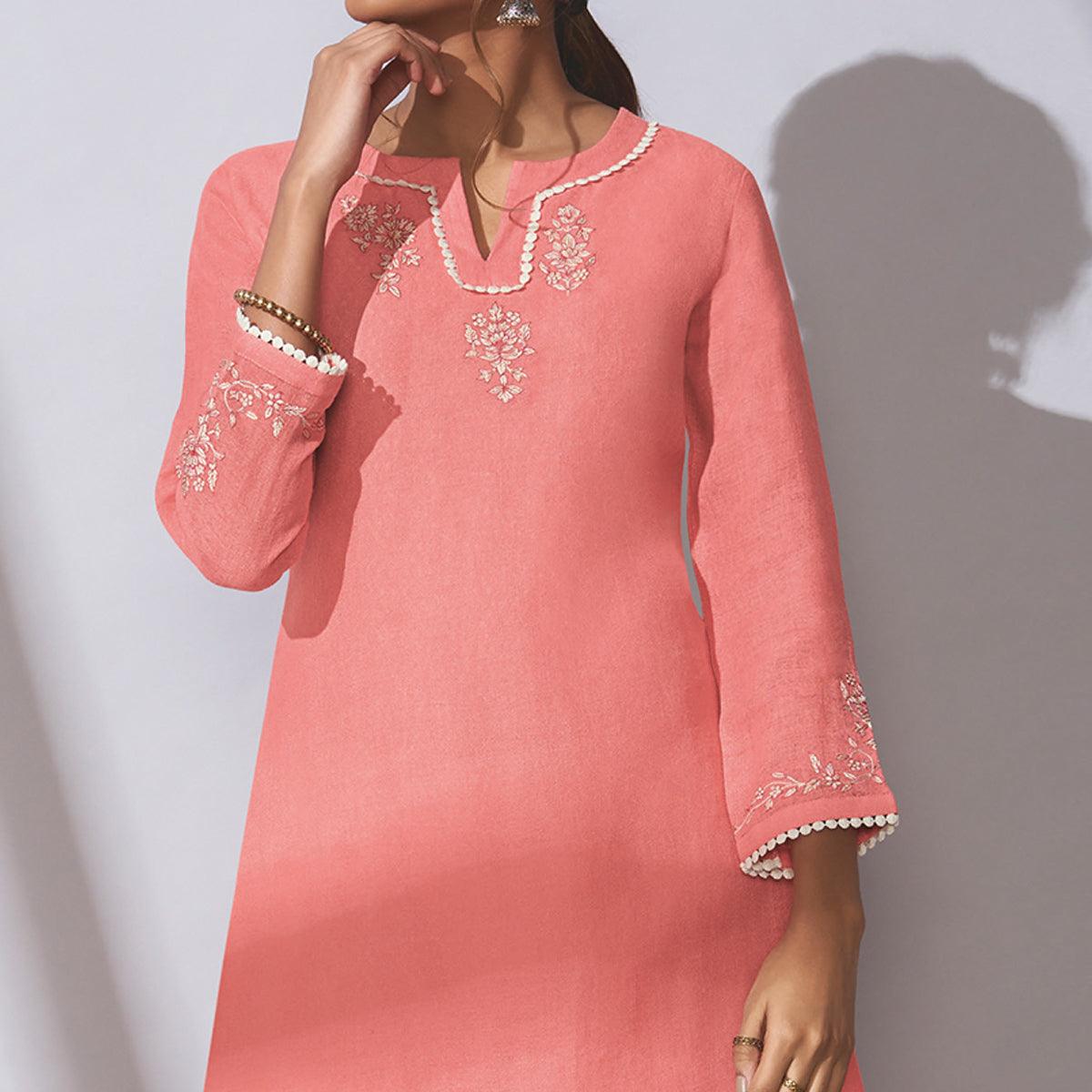 Peachmode Seller Charming Pink Colored Party Wear Embroidered Khadi Cotton Kurti-Palazzo Set - view 2