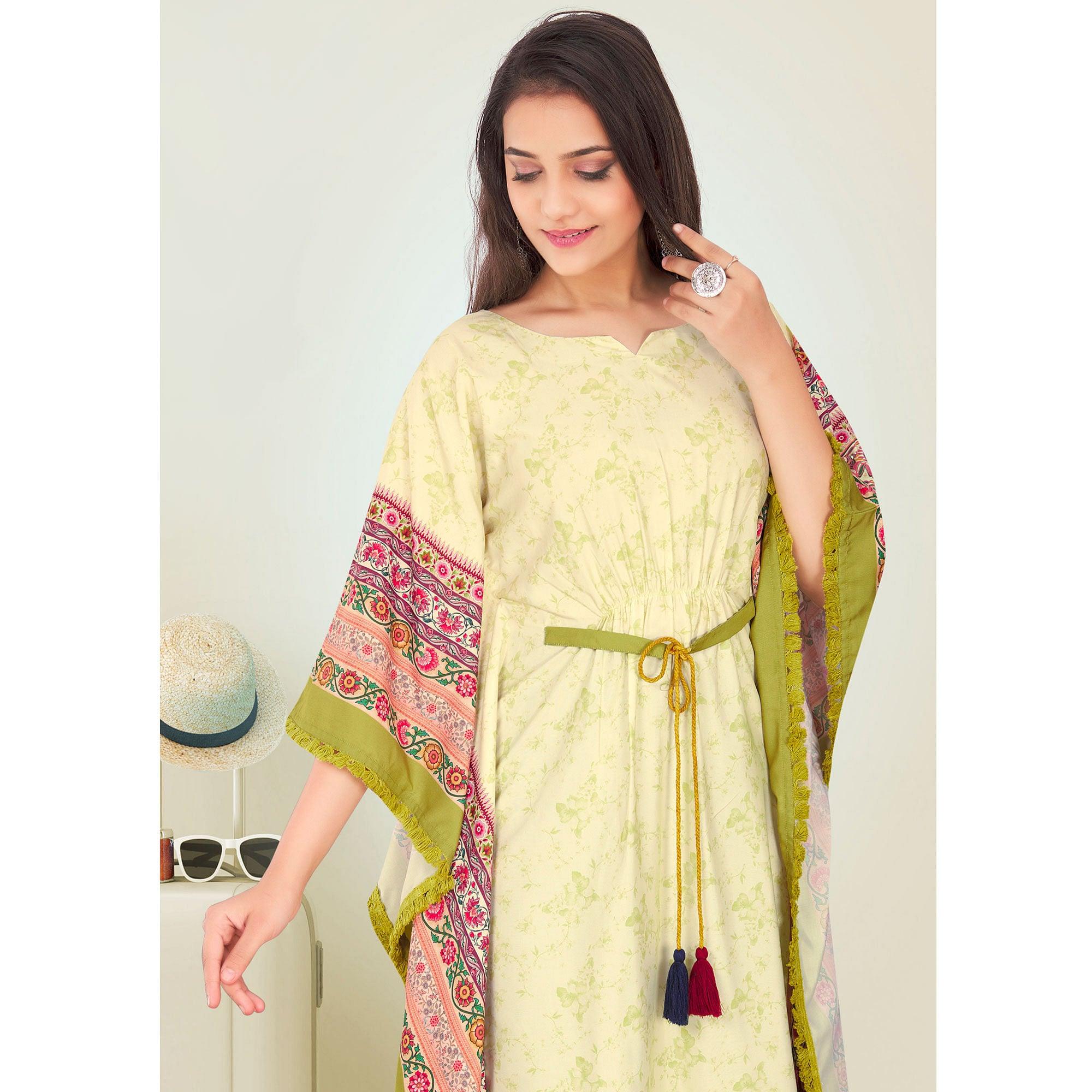 Peachmode Light Green Casual Wear Floral Digtial Printed Modal Kaftan Kurti - view 2