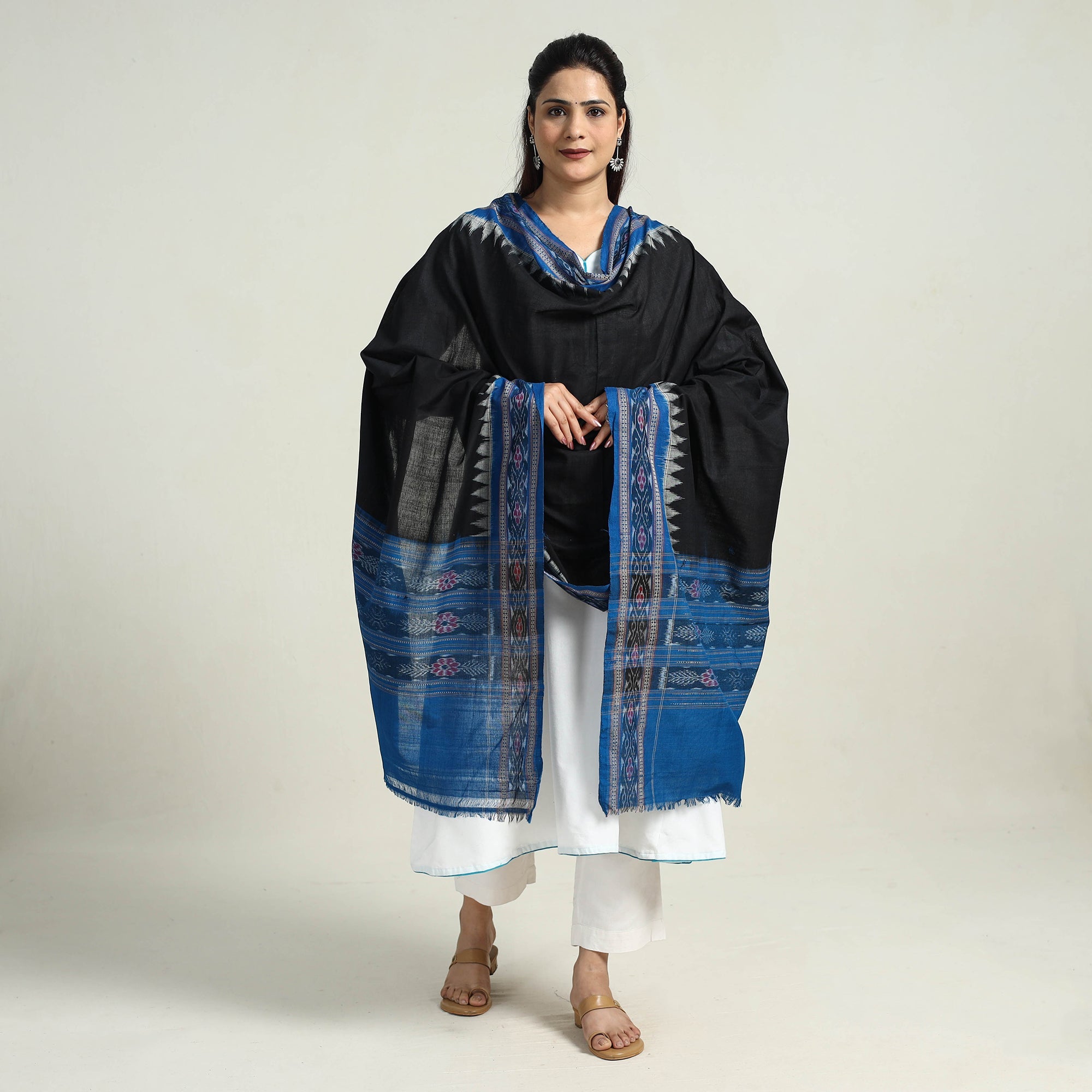 ASHOKA ASSEMBLE - CELEBRATING CRAFTS OF ODISHA Black - Sambalpuri Ikat Weave Handloom Plain Cotton Dupatta 23