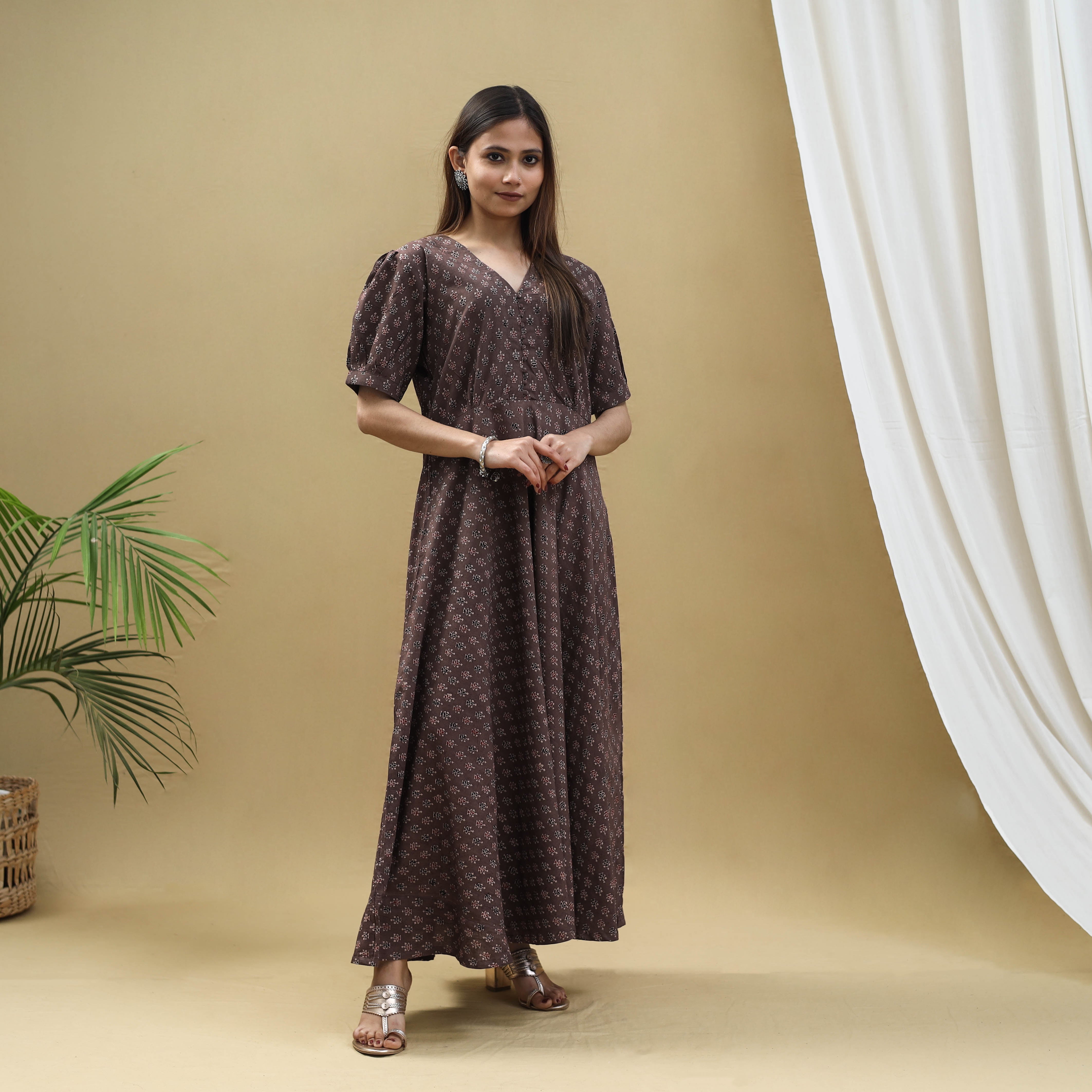 ITOKRI CASUALS Brown - Block Print Cotton Flared Ajrakh Dress 02