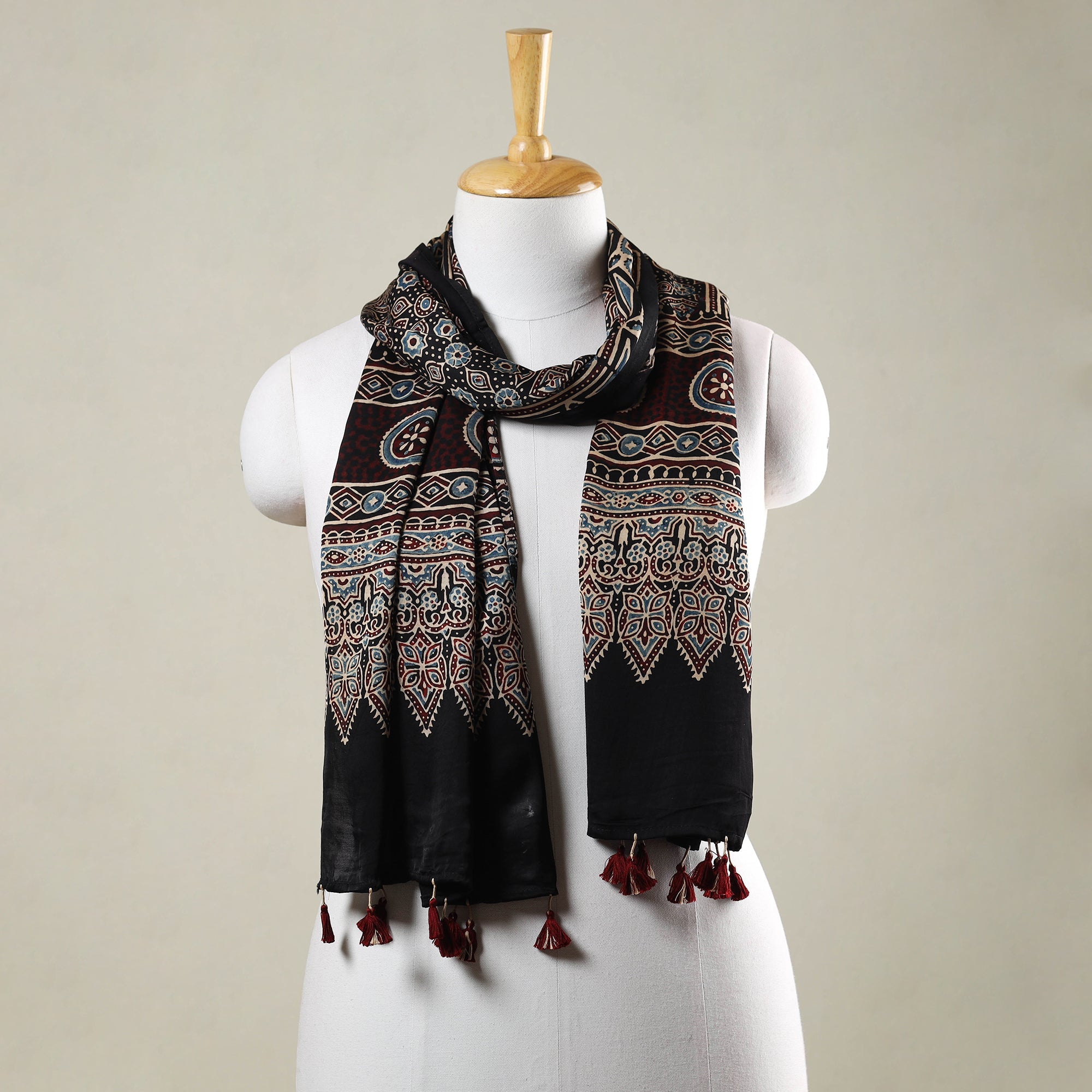 RIYAZ ABDULMAJID KHATRI - AJRAKH Black - Ajrakh Hand Block Printed Modal Silk Stole with Tassels