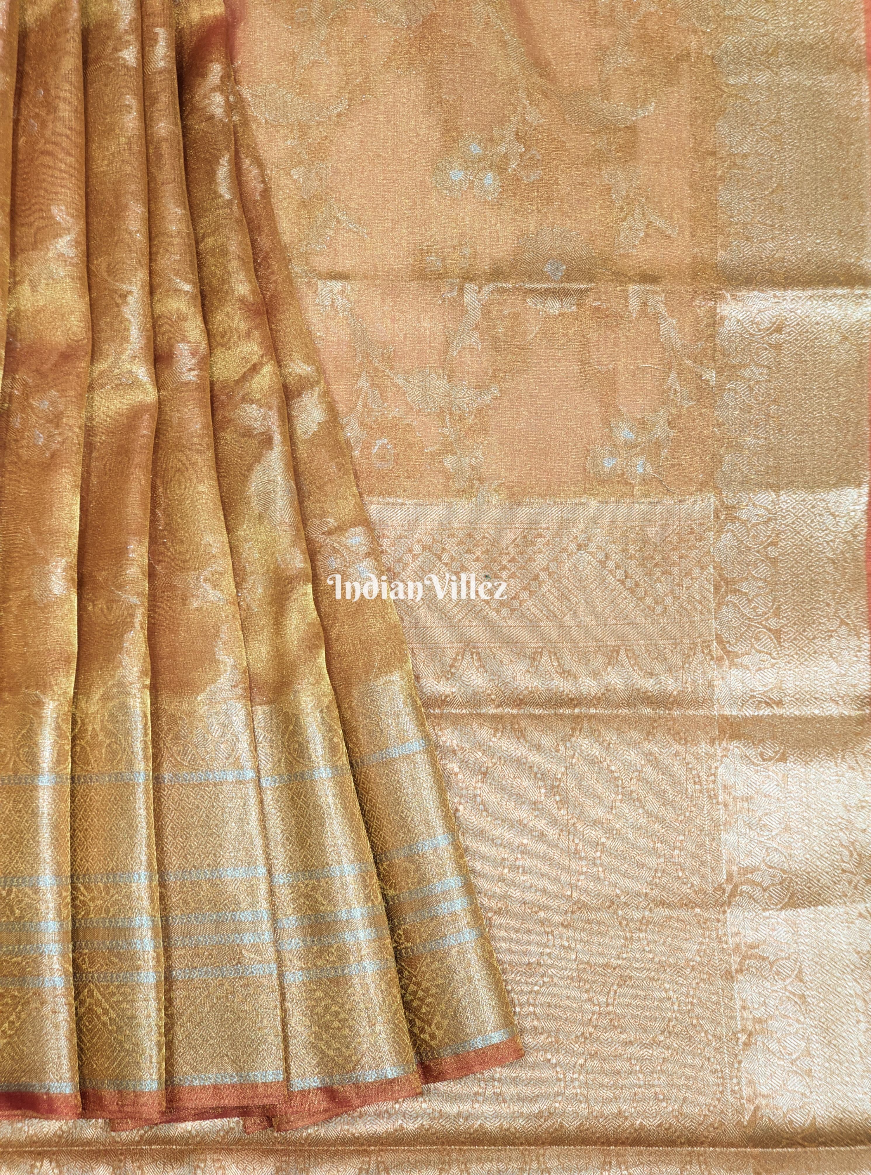 IndianVillèz Orange Golden Dual Tone Zari Woven Banarasi Tissue Saree