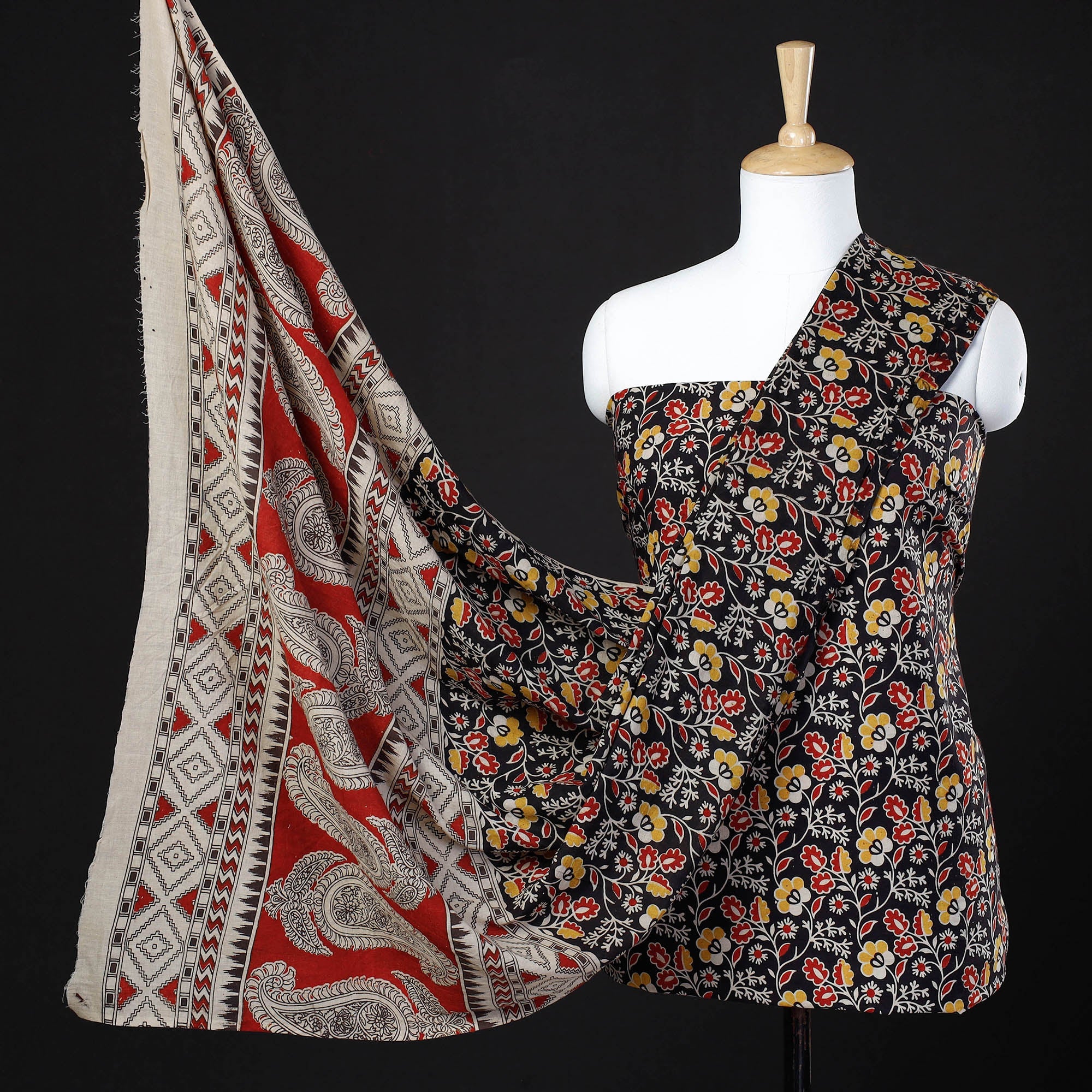 SOUTH KARGHA Black - 2pc Kalamkari Printed Cotton Suit Material Set