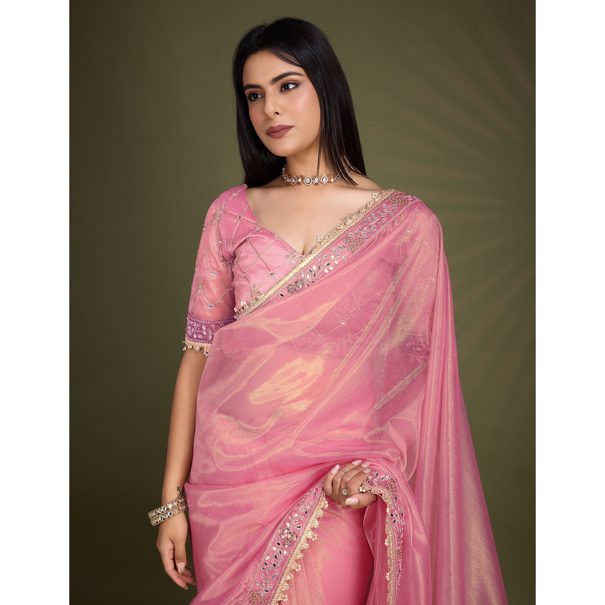 Peachmode Light Pink Sequins Embroidery With Mirror Handwork Twill Net Saree - view 7