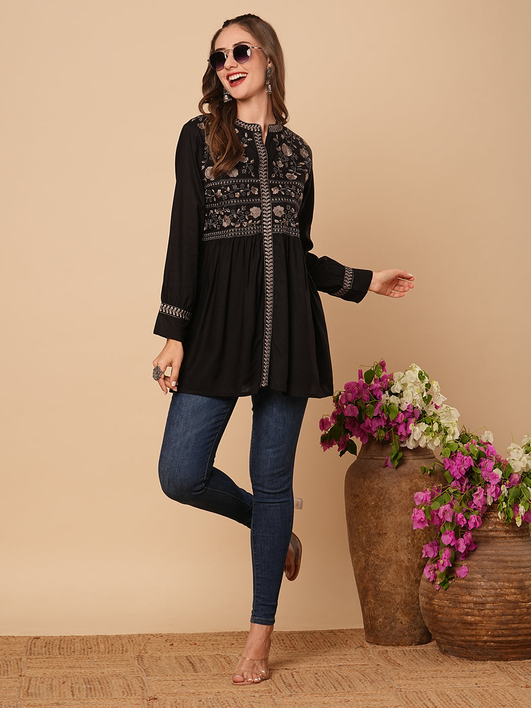 Fashor Floral Embroidered A-Line Pleated Kurti - Black
