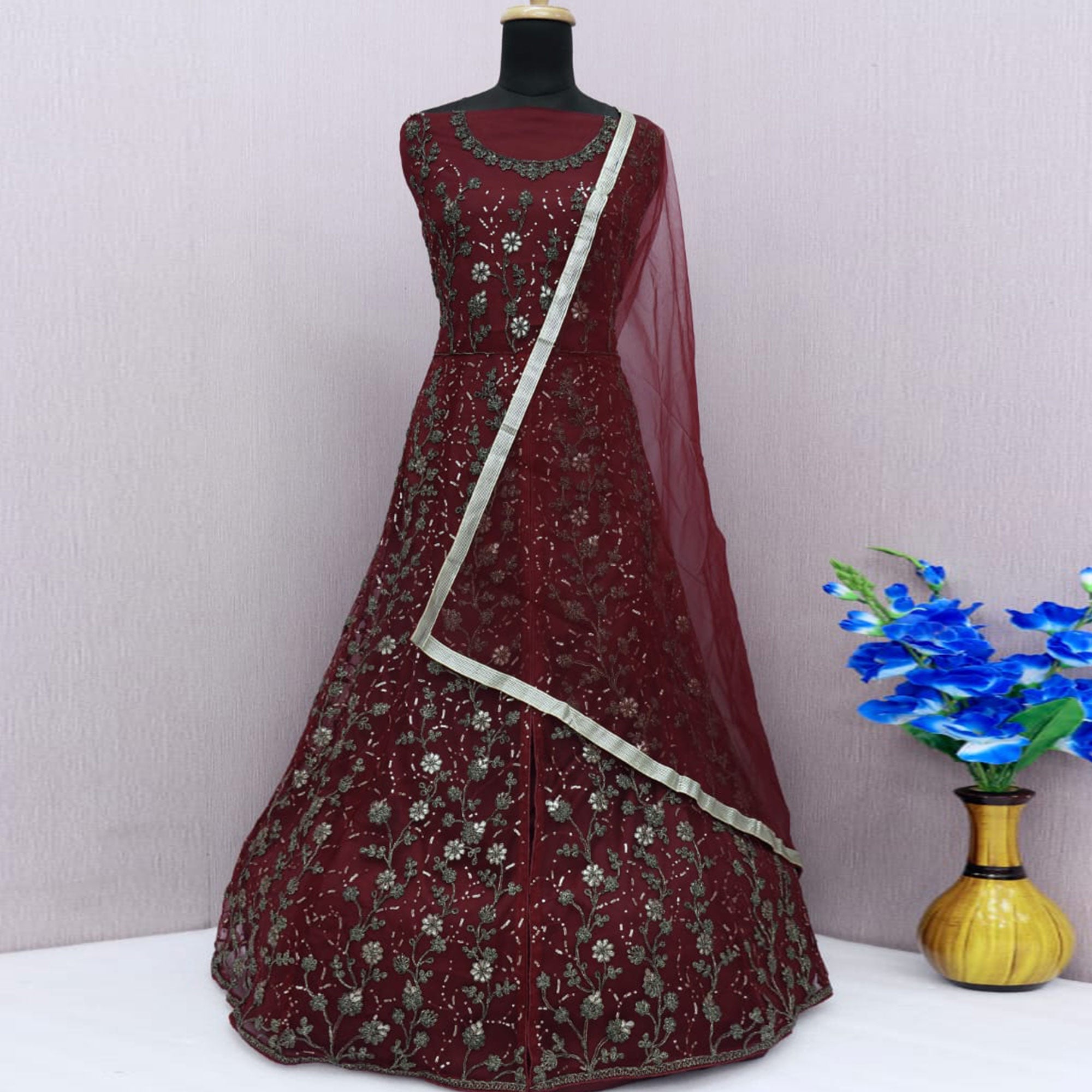 Peachmode Maroon Zardosi Work Netted Gown - view 4