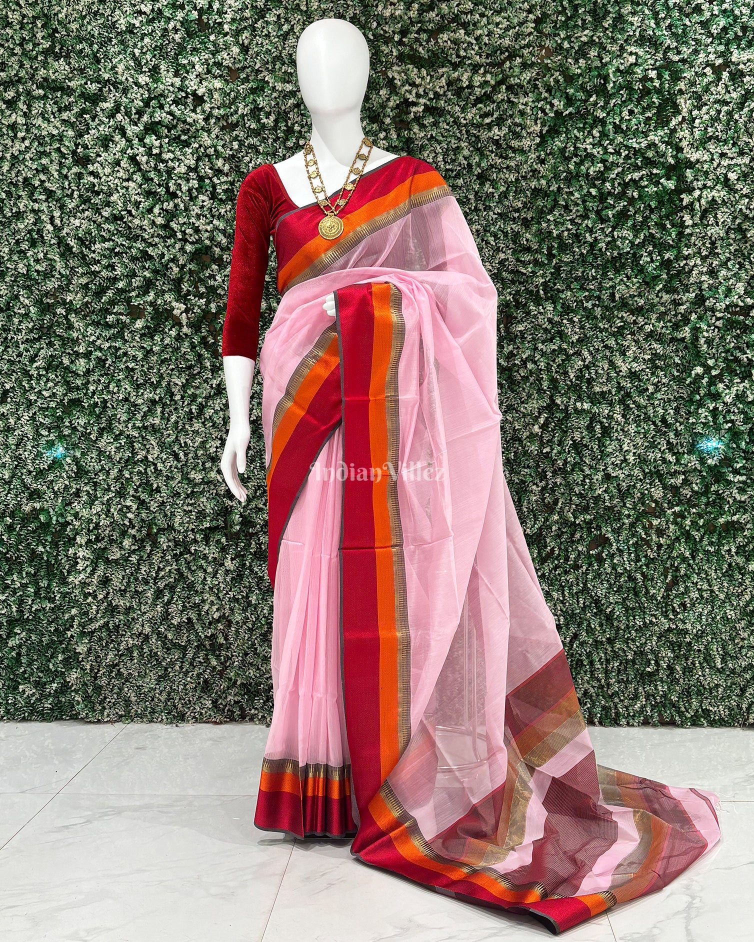 Cotton silk saree – IndianVillèz Light Pink Maheshwari Handloom Cotton*Silk Saree