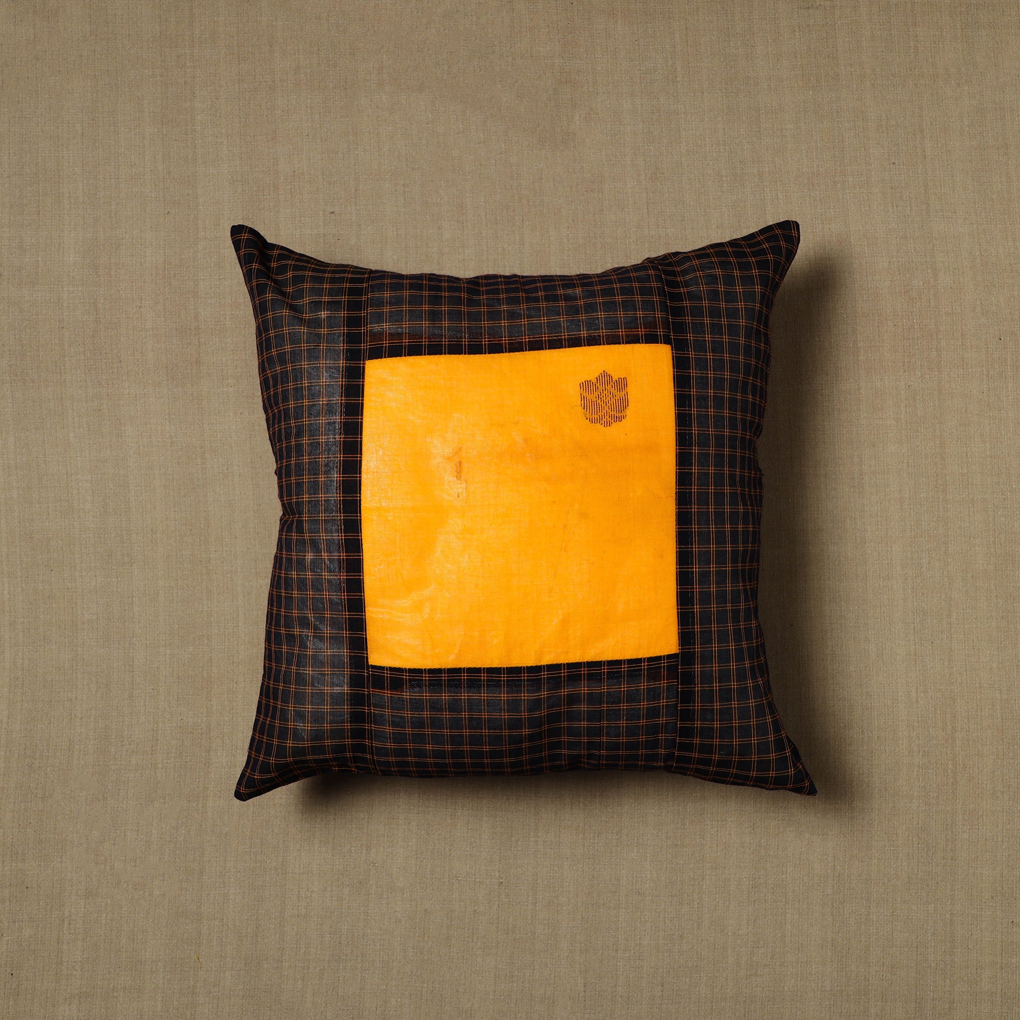NOORI BAZAR Black - Patchwork Cotton Kanchipuram Cushion Cover (16 x 16 in) 01