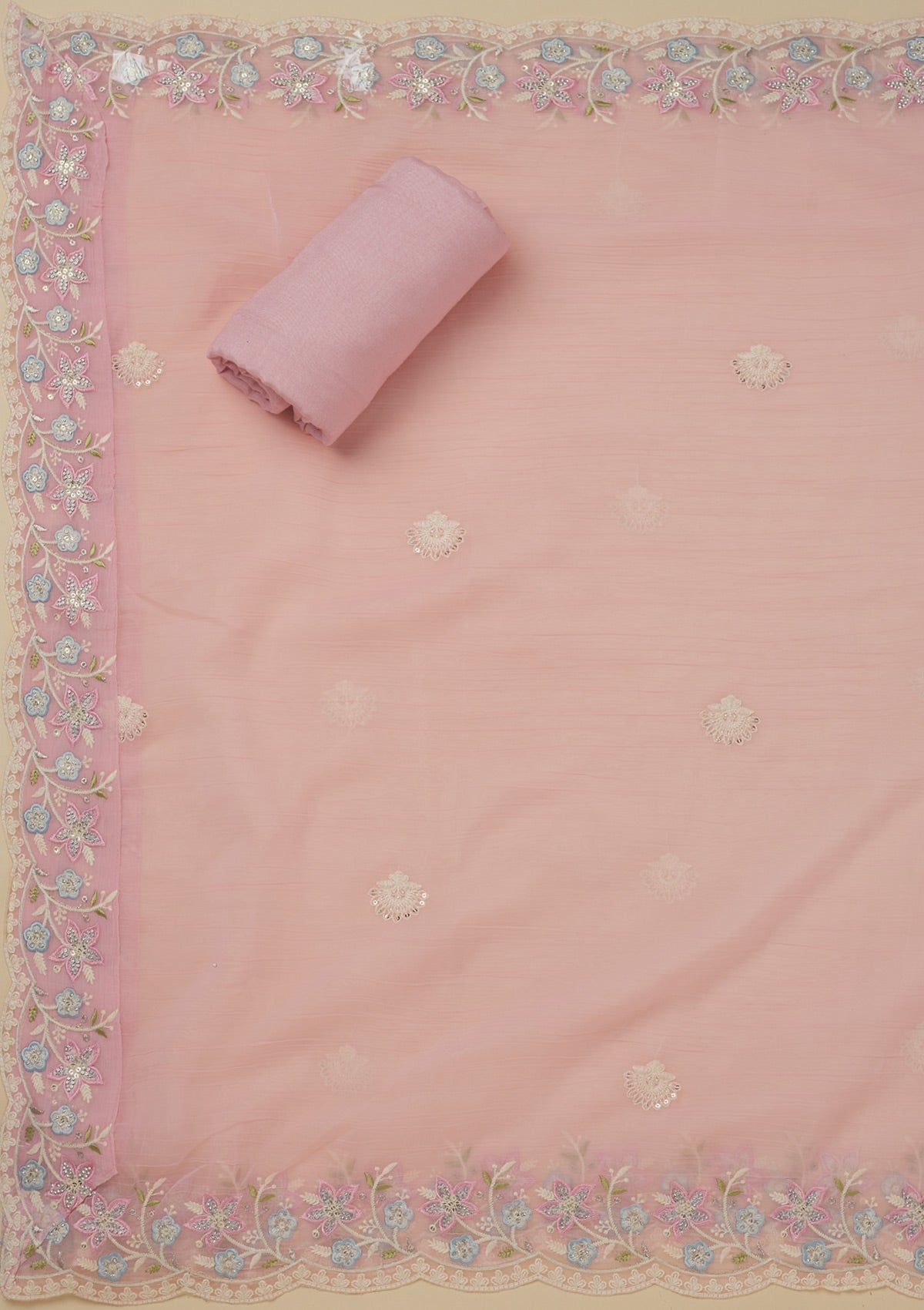 Koskii Baby Pink Threadwork Chiffon Unstitched Salwar Suit - view 5