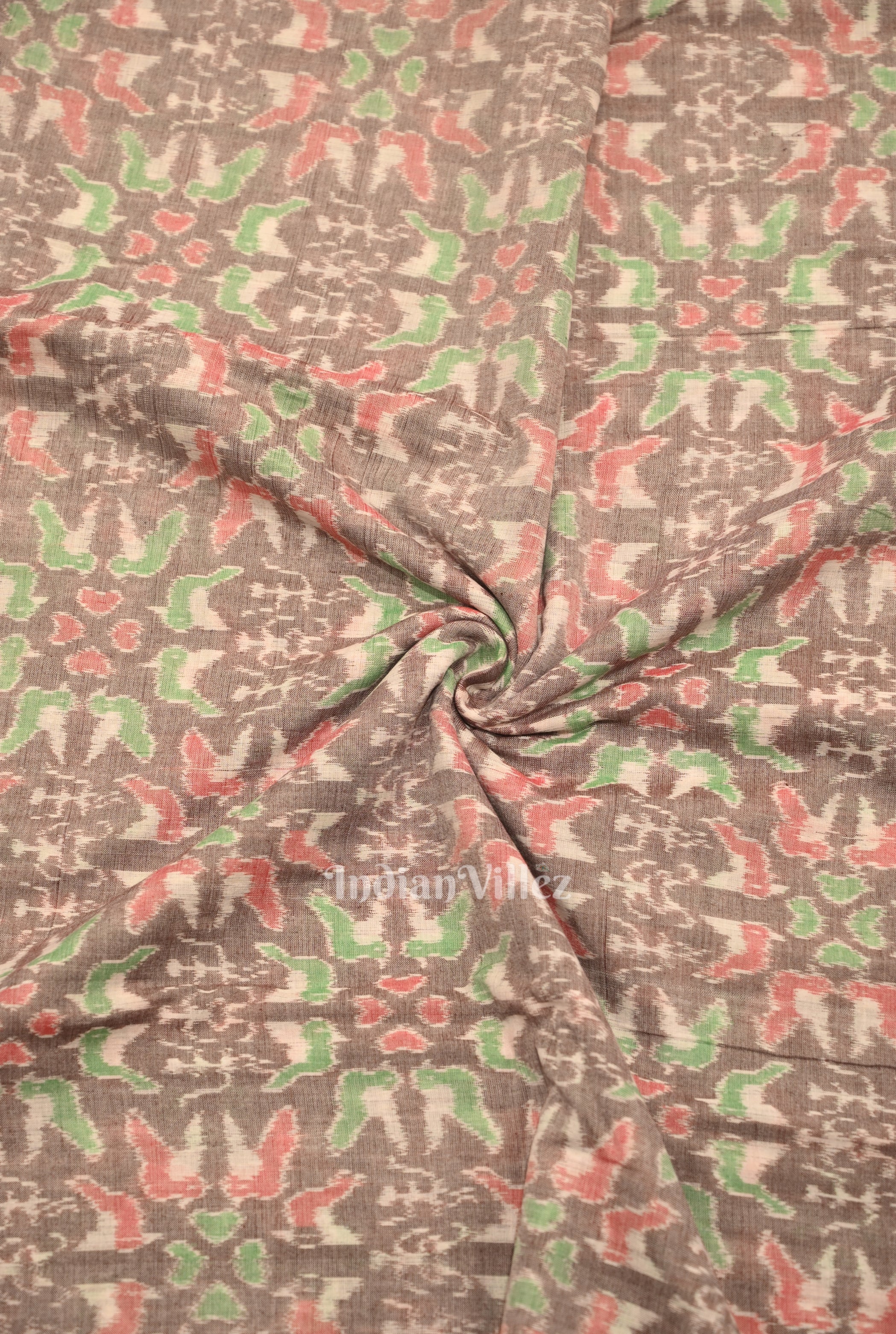IndianVillèz Light Coffee Tribal Flower Theme Sambalpuri Ikat Cotton Fabric