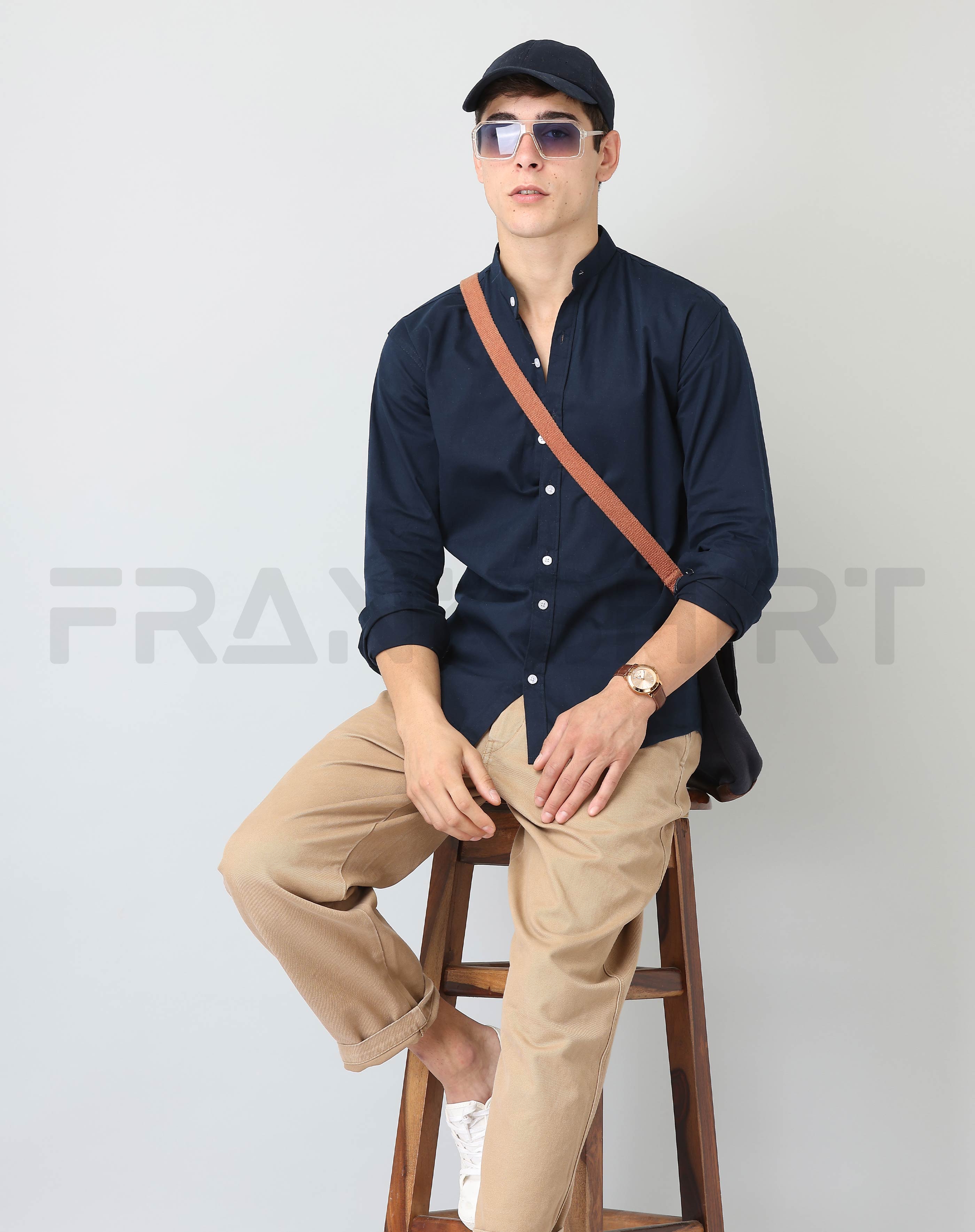BlackTree Frankshirt Chinese Collar Navy Blue Solid Tailored Fit Cotton Casual Shirt for Man - view 3