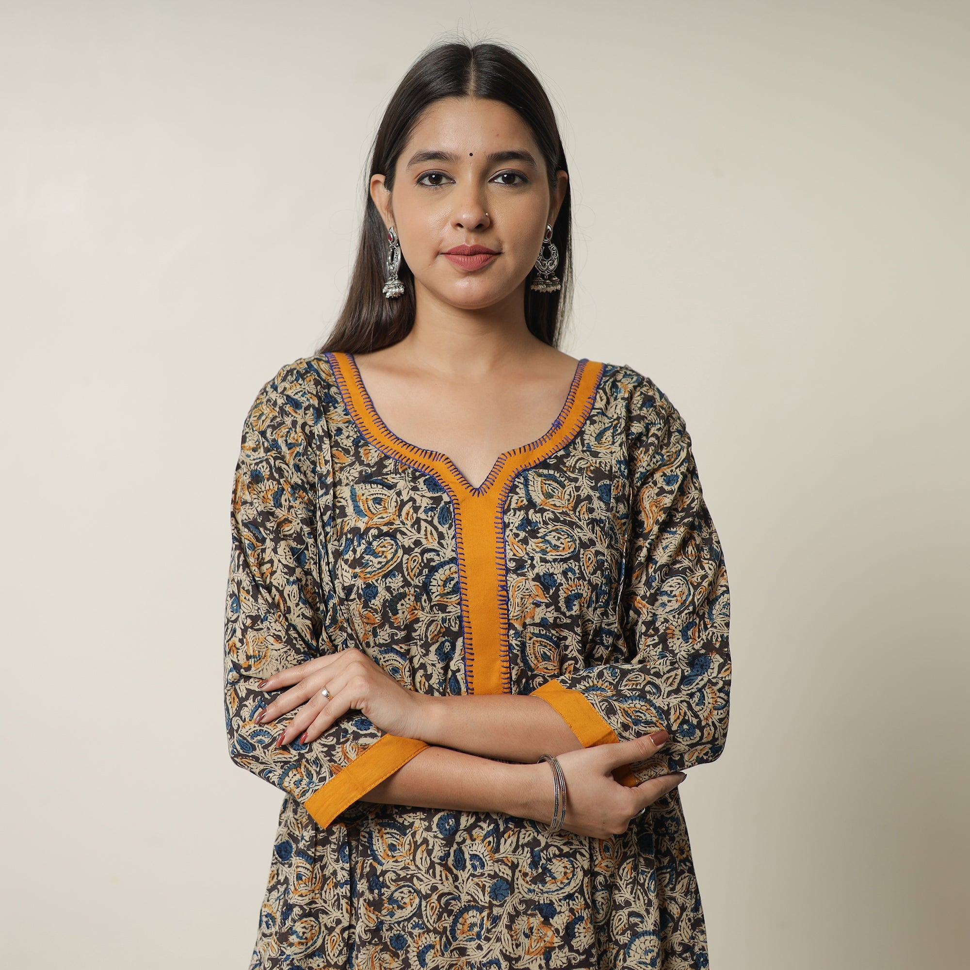 ITOKRI CASUALS Black - Pedana Kalamkari Block Printed Cotton A-Line Kurta with Tagai Work 15