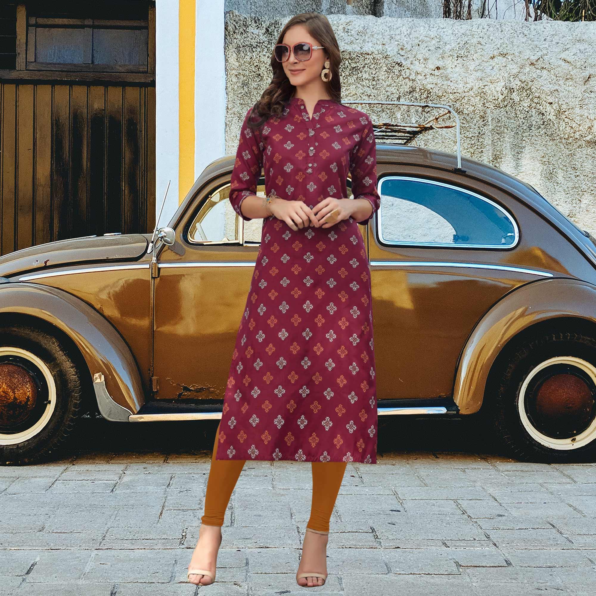 Peachmode Seller Maroon Printed Cotton Blend Kurti - view 2