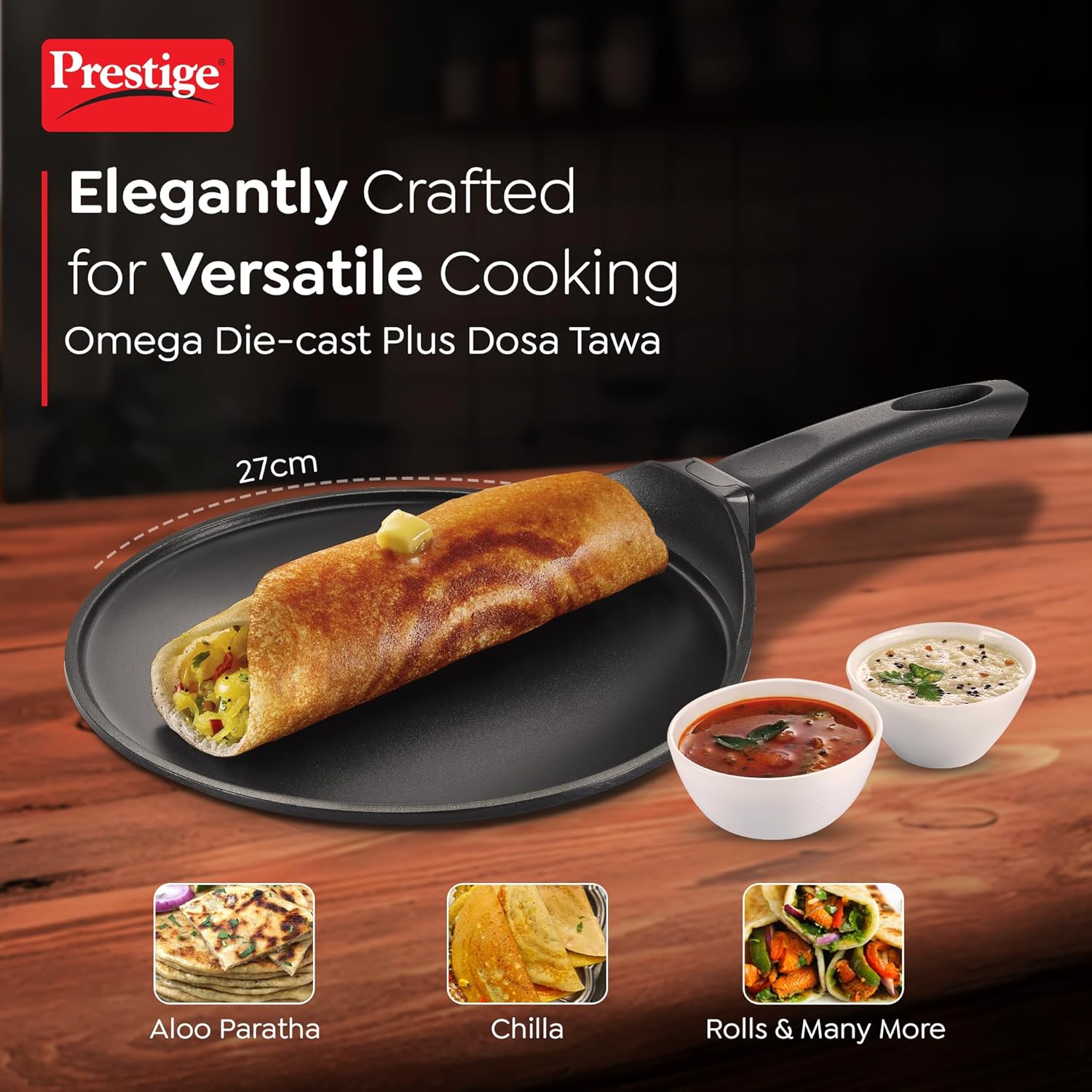 Prestige Omega Die-Cast Plus Aluminium Non-Stick Tawa | Gas & Induction Compatible | Black - view 2
