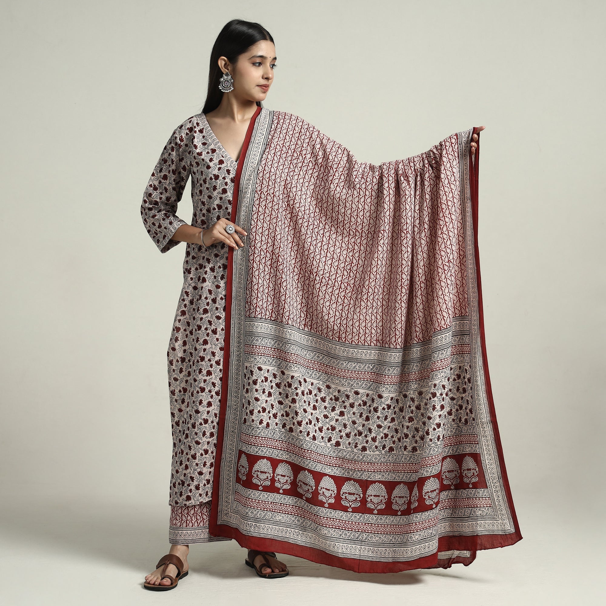ITOKRI CASUALS Beige - Bagh Block Printed Cotton Kurta with Palazzo & Dupatta Set 02