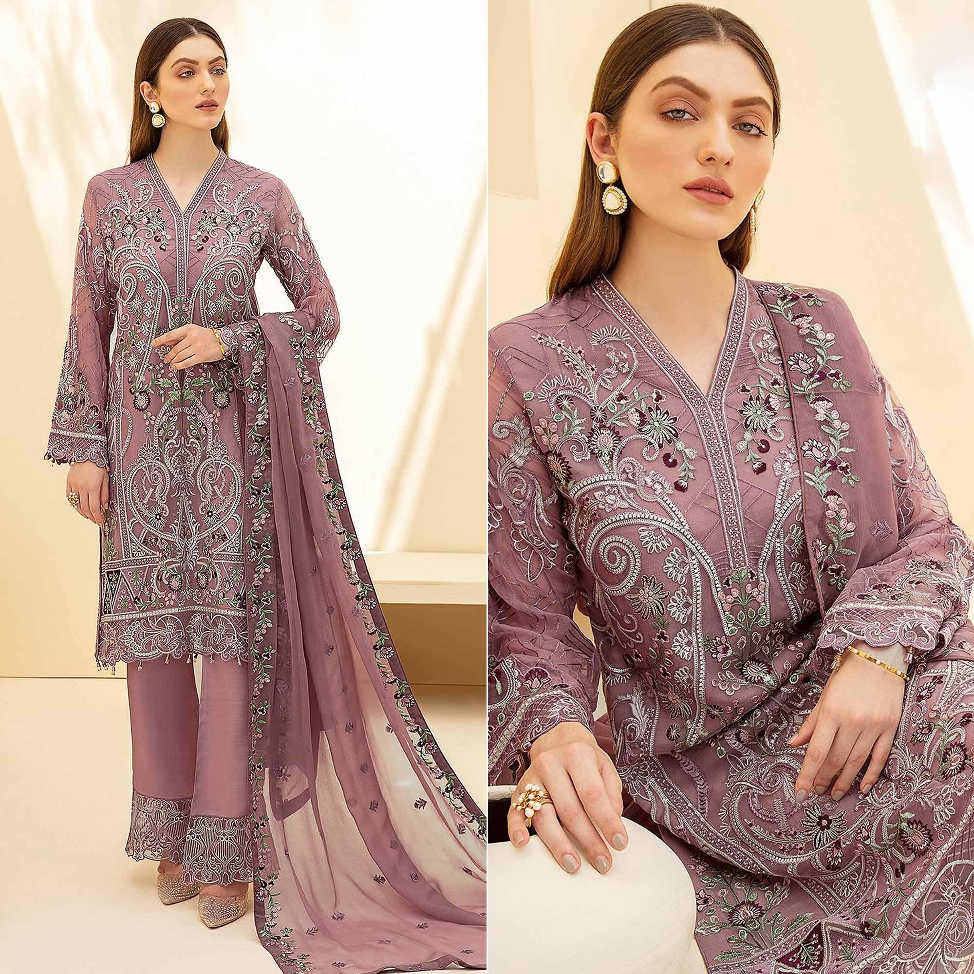 Peachmode Mauve Embellished With Embroidered Georgette Palazzo Suit