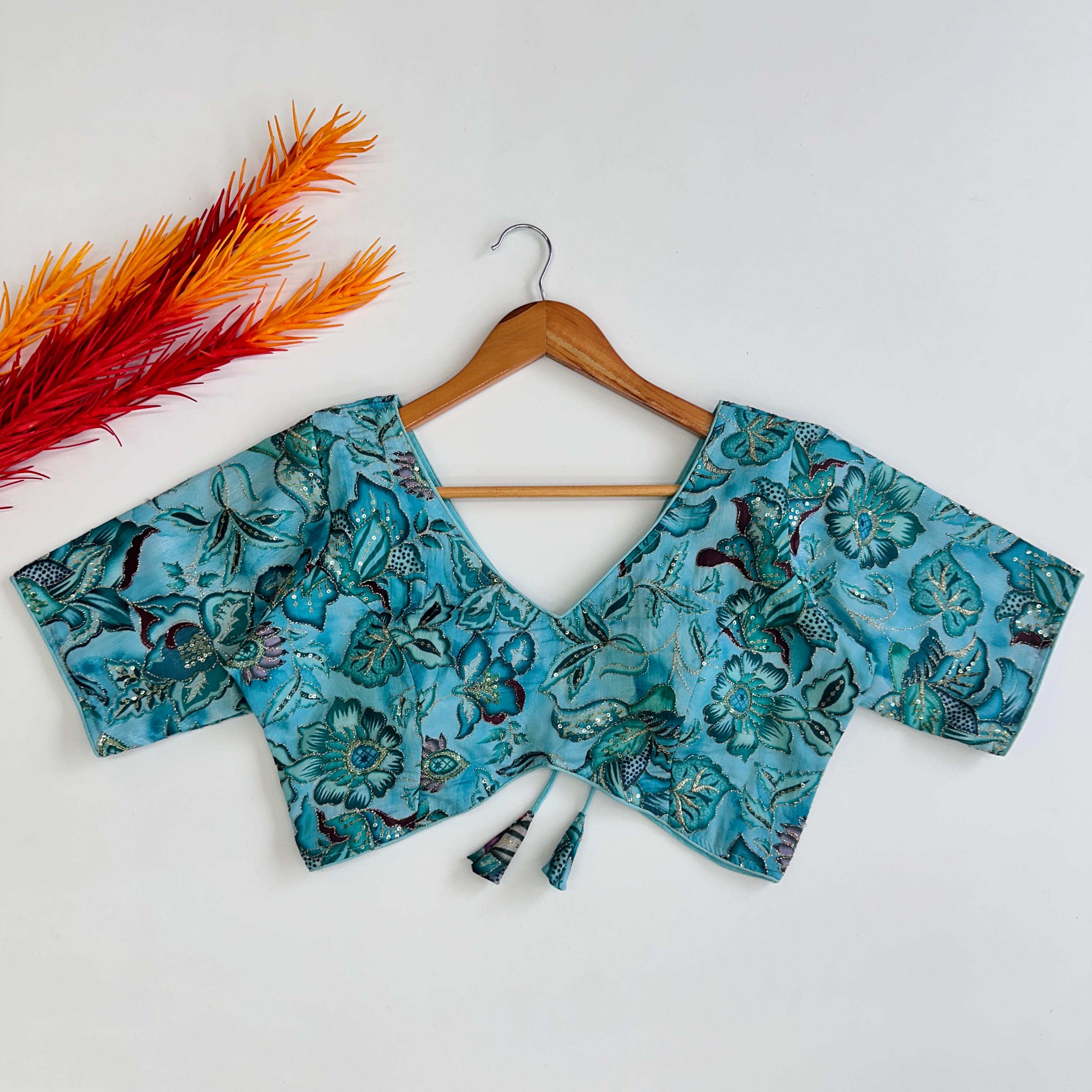 ClothsVilla Sky Blue Elegant Hand-Embroidered Tofu Silk Blouse with Sequins