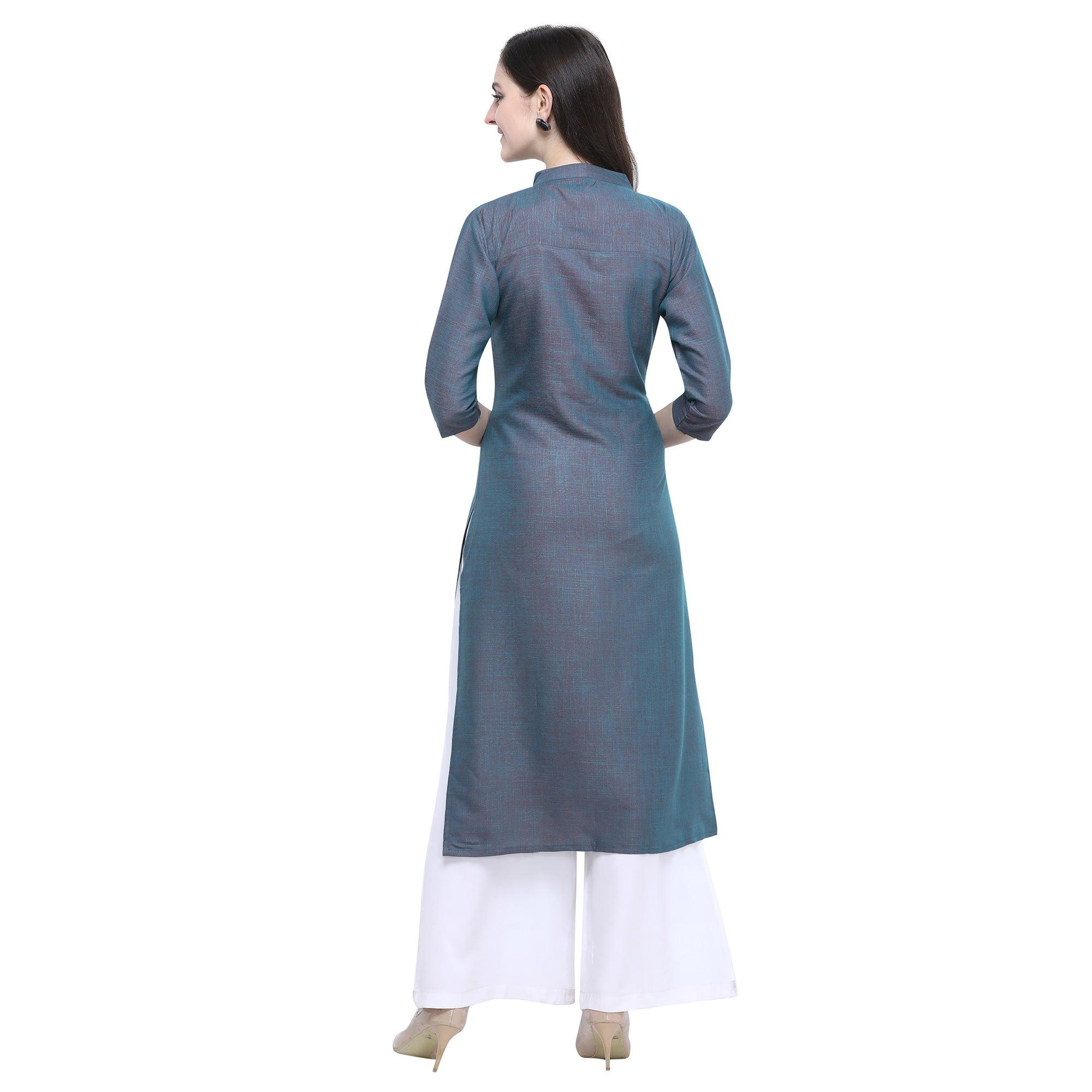 Peachmode Seller Glowing Greyish Blue Colored Casual Wear Embroidered Rayon Kurti-Palazzo Set - view 2