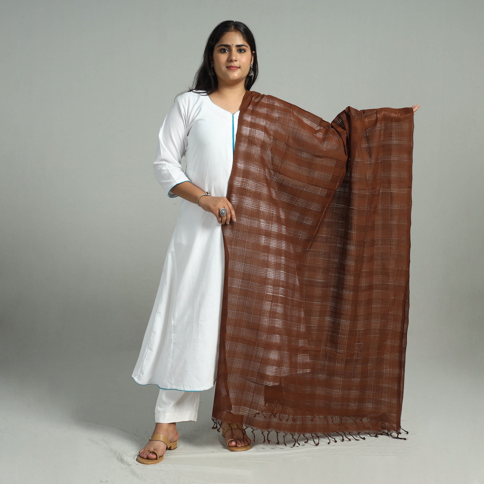 DASTKAR ANDHRA MARKETING ASSOCIATION (DAMA) Brown - Handloom Missing Checks Cotton Mangalagiri Dupatta 03