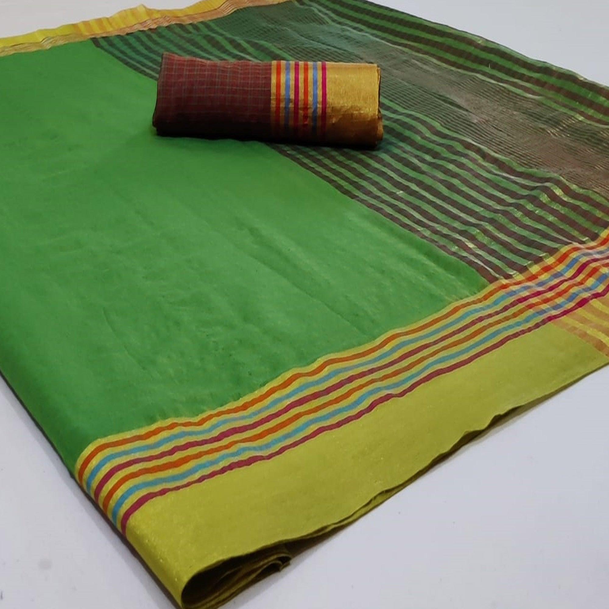 Peachmode Eye-catching Green Colored Festive Wear Woven Cotton Saree