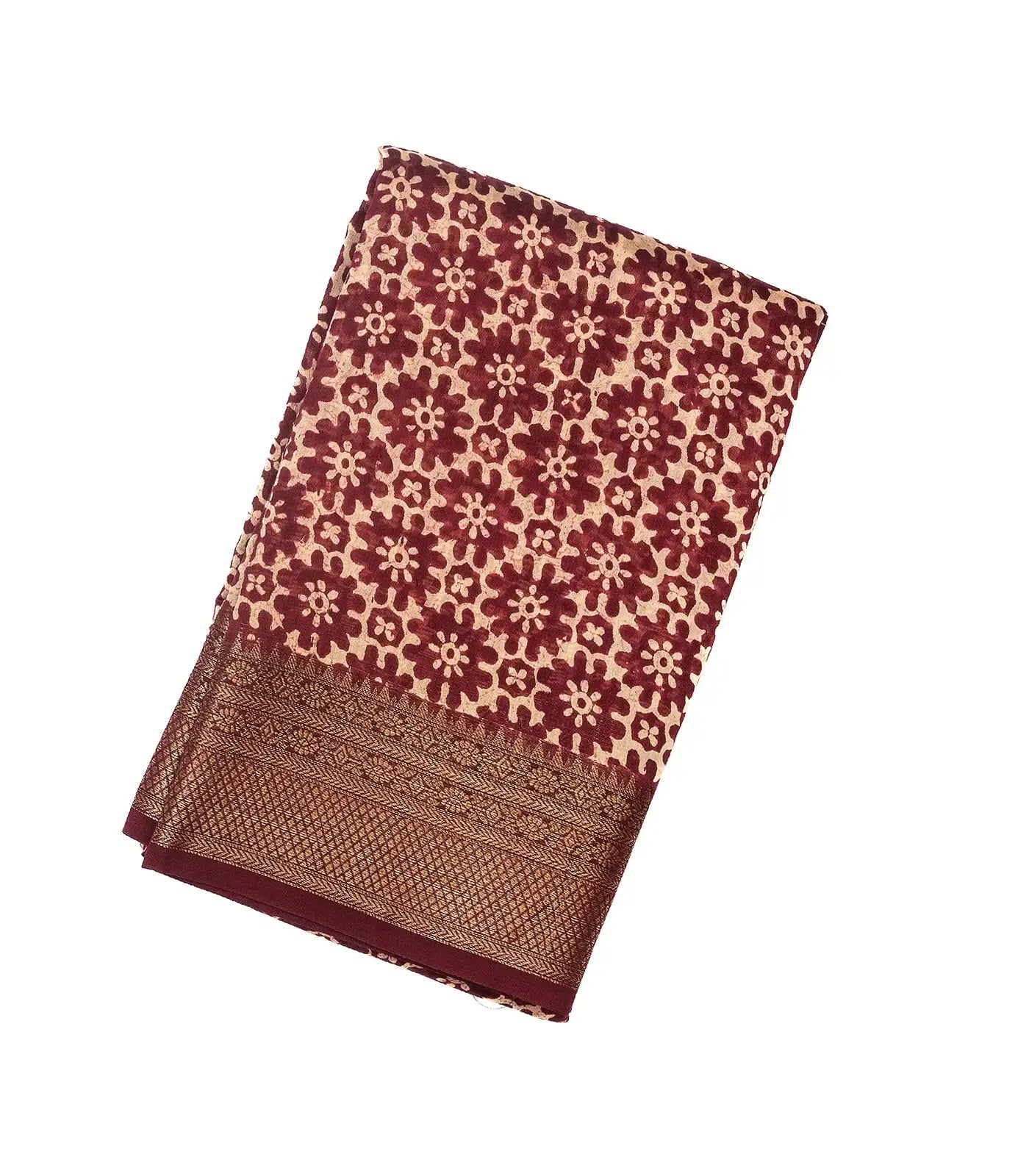 RmKV Maroon Woven Chanderi Printed Cotton Saree With Floral Jaal
