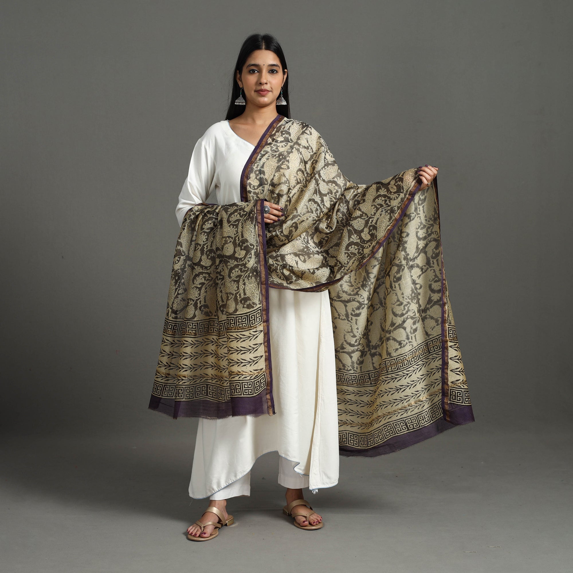 ARTISAN HAND BLOCK PRINTS Beige - Block Printed Chanderi Silk Sanganeri Dupatta 18 - view 2