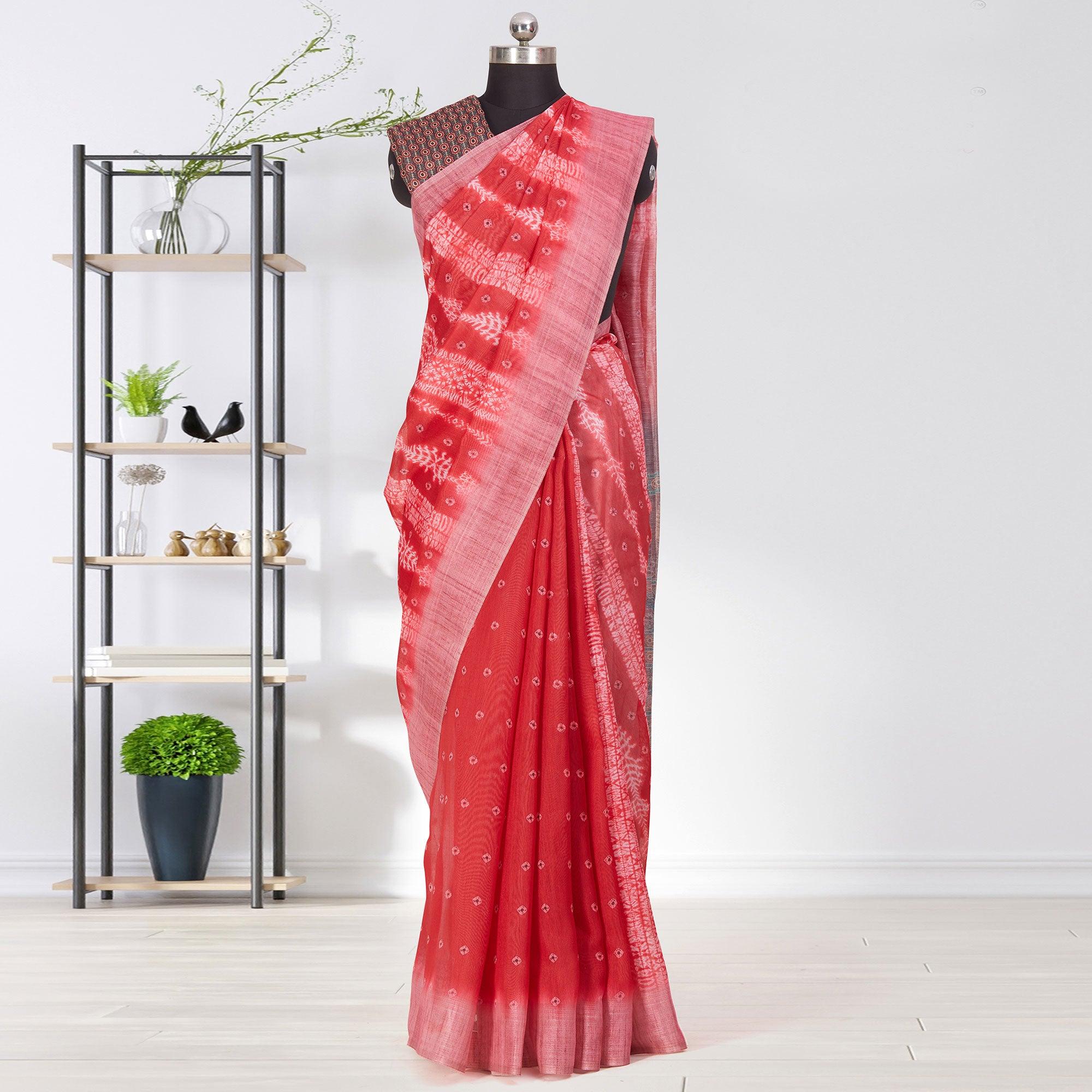 Peachmode Jazzy Pink Coloured Casual Wear Printed Linen Saree