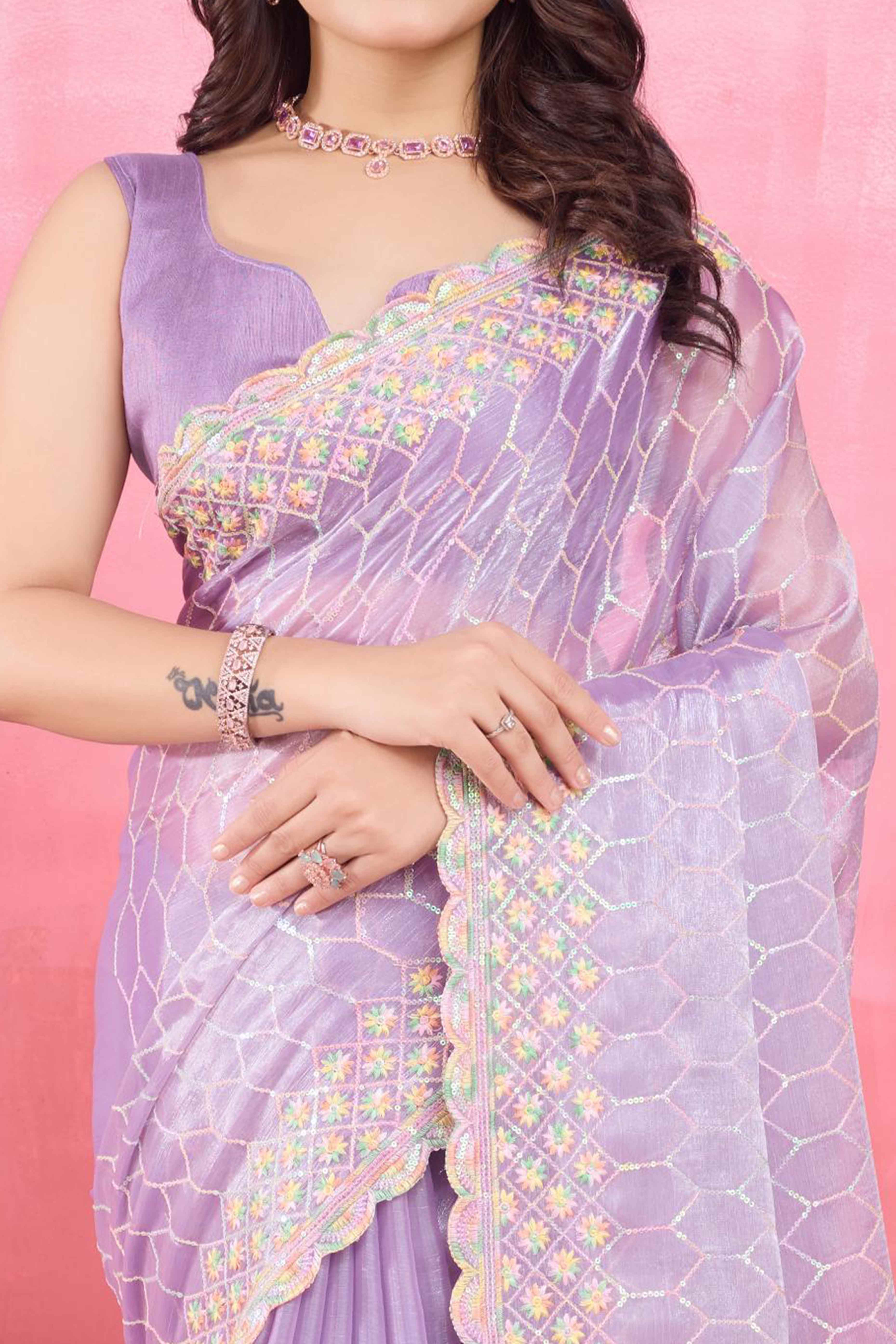 Peachmode Lavender Floral Sequins Embroidered Mulberry Silk Saree - view 2