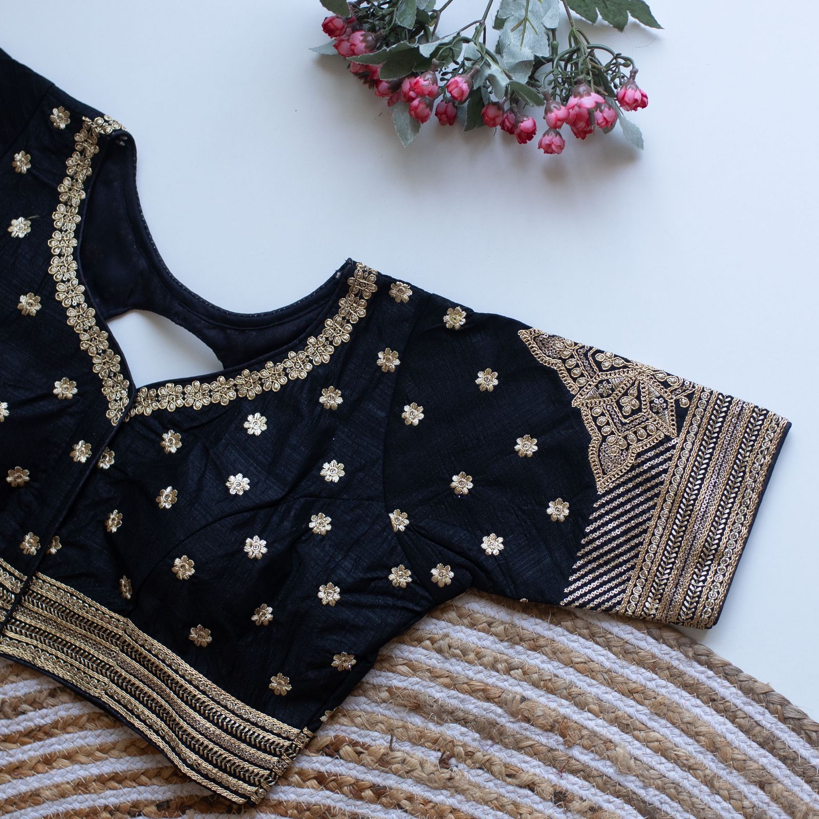ClothsVilla Navy Blue Golden Embroidered Blouse with Sequins – Caterpillar Silk Elegance