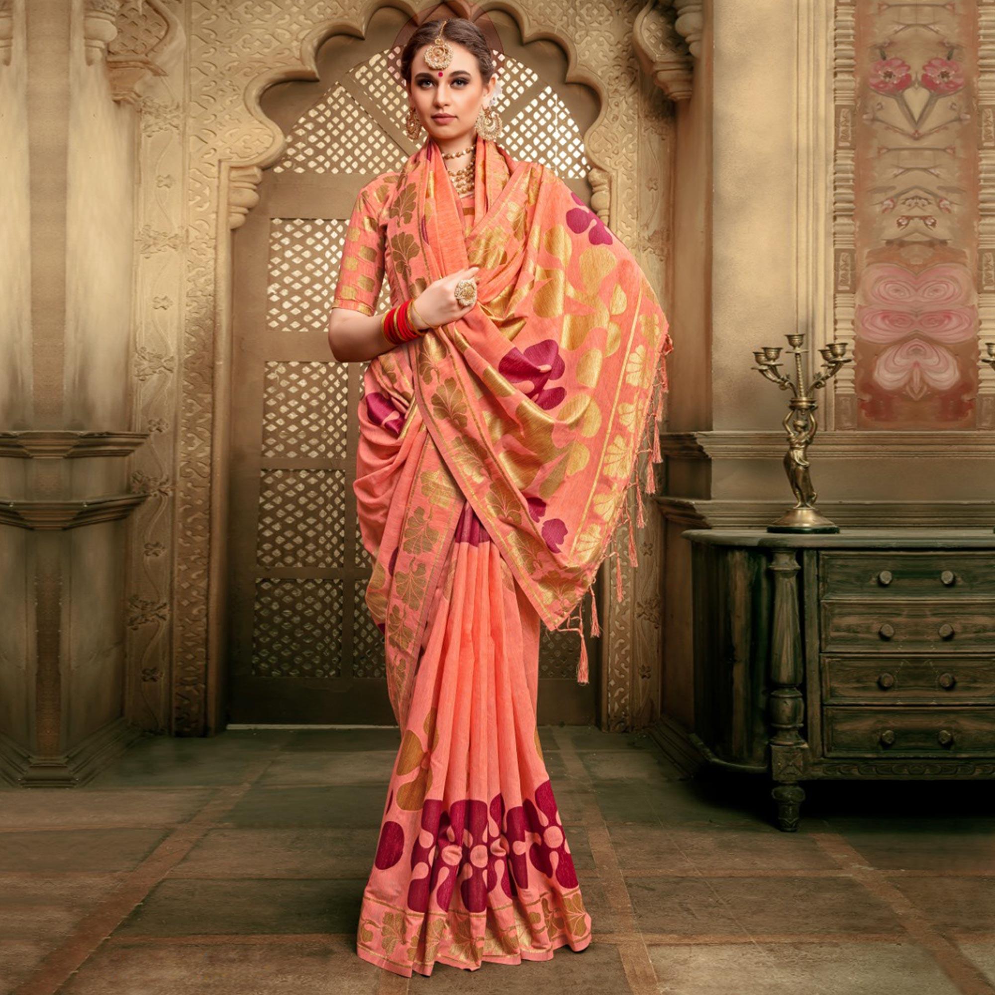 Peachmode Engrossing Peach Colored Festive Wear Woven Cotton Silk Saree