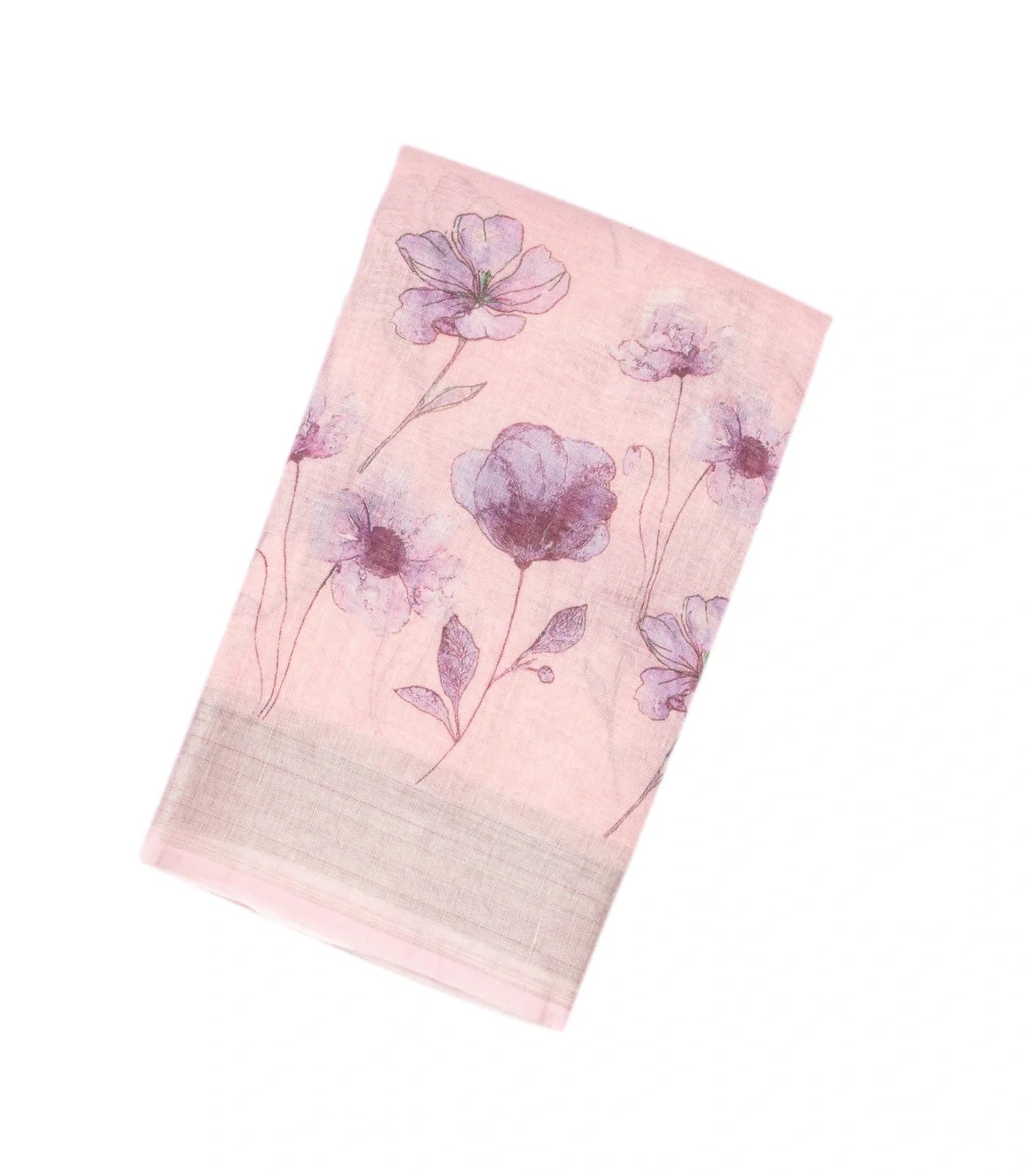 RmKV Baby Pink Handloom Linen Saree With Printed Blue Floral Motifs