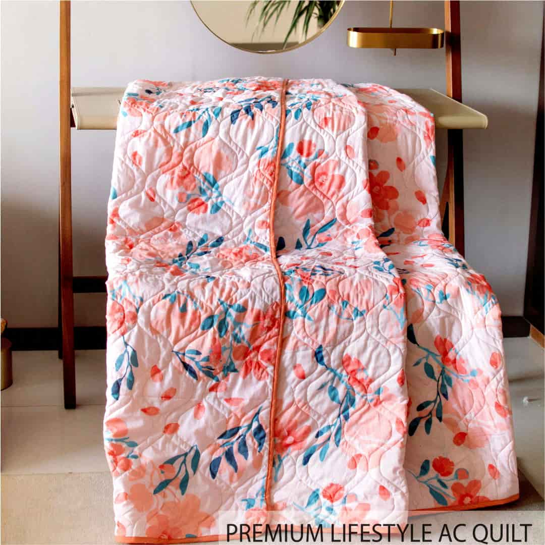 Urban Space -Home Furnishing Store 100% Malmal Cotton Blanket, Dohar, Quilt for AC and Light Winters - Peach Floral 1 - view 2