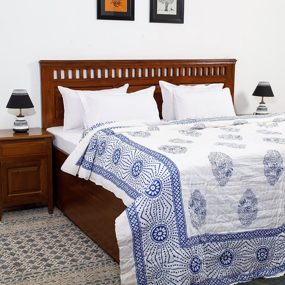 ARTISAN HAND BLOCK PRINTS Blue - Double - Sanganeri Printed Reversible Soft Cotton Quilt / Blanket (104 x 88 in)