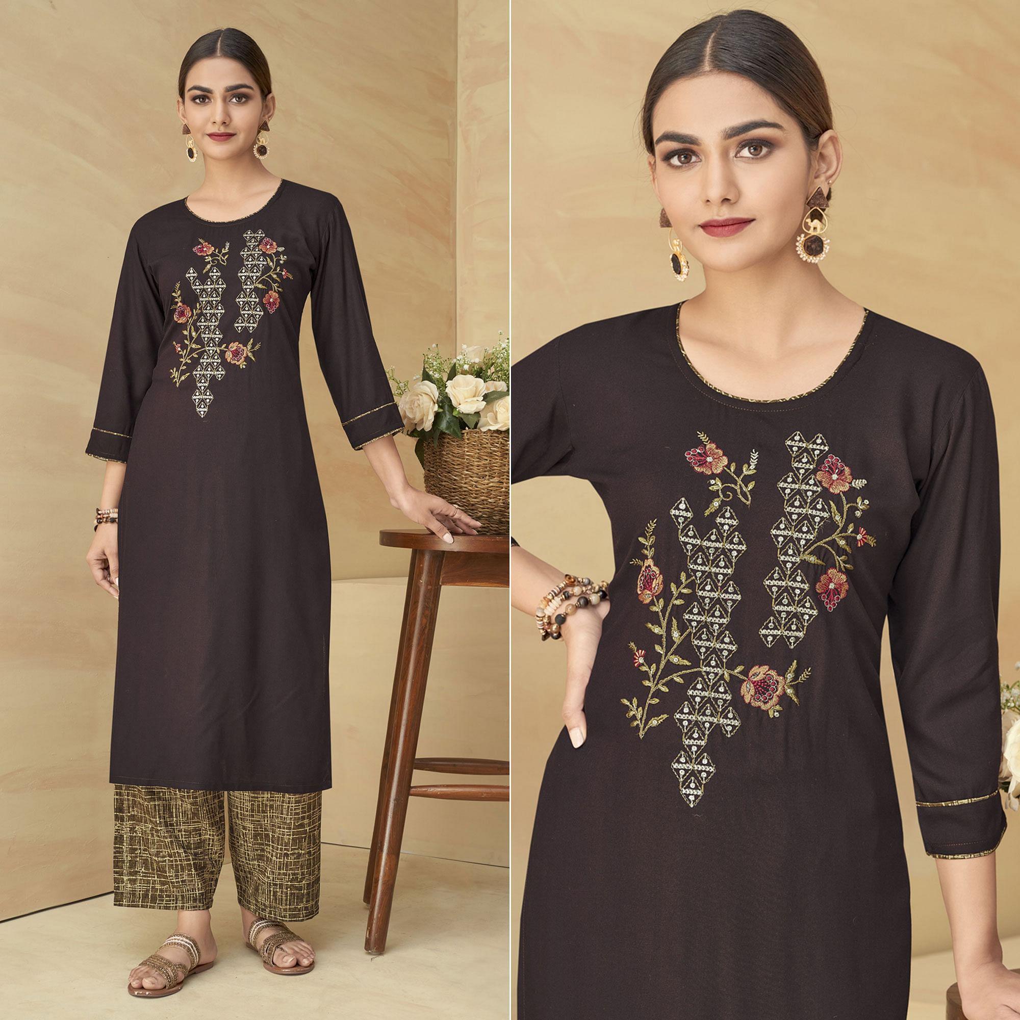 Peachmode Seller Brown Partywear Floral Embroidered Rayon Kurti Palazzo Set