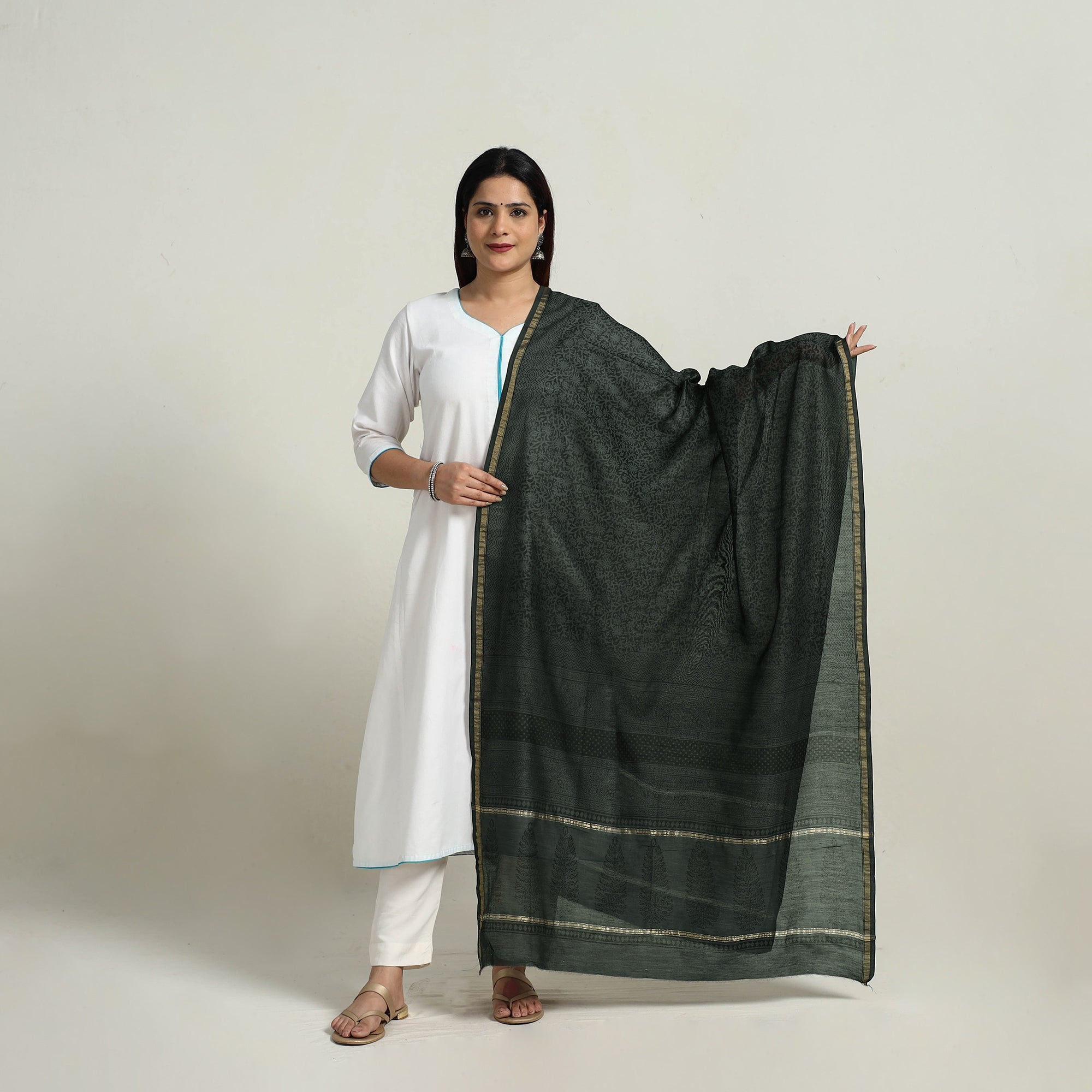 BAGH PRINTS BY MOHAMMED RAFIK KHATRI Green - Natural Dyed Hand Block Print Chanderi Silk Bagh Dupatta 15