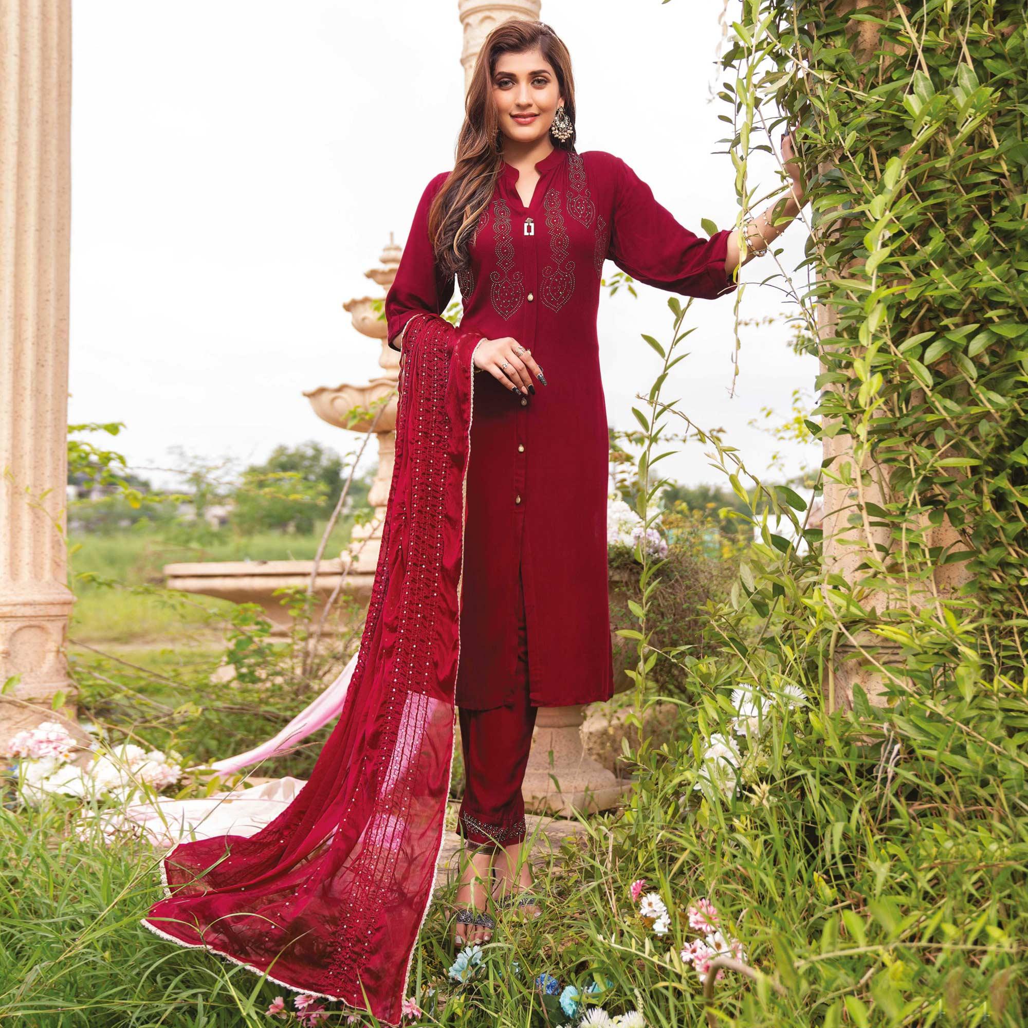 Peachmode Seller Dark Red Swarovski Work Rayon Salwar Suit - view 2