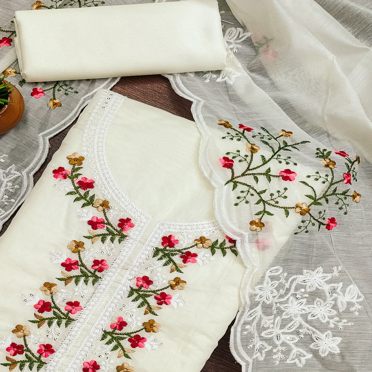 Peachmode Cream Floral Embroidered Chanderi Cotton Dress Material - view 2