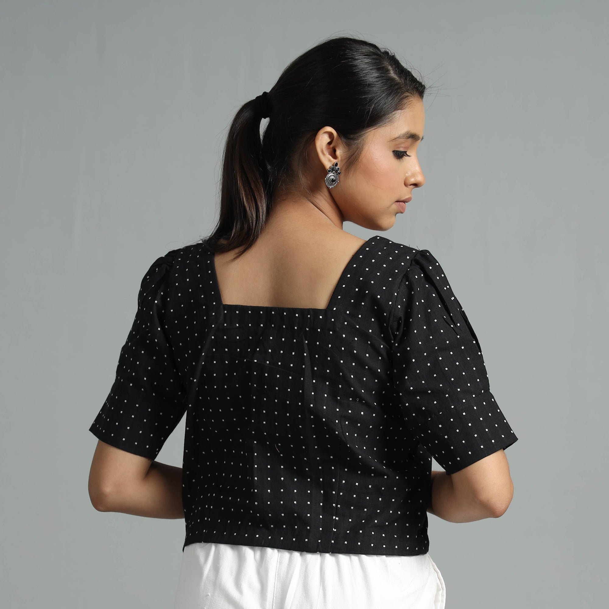 ITOKRI CASUALS Black Jacquard Half Sleeve Cotton Crop Top - view 6