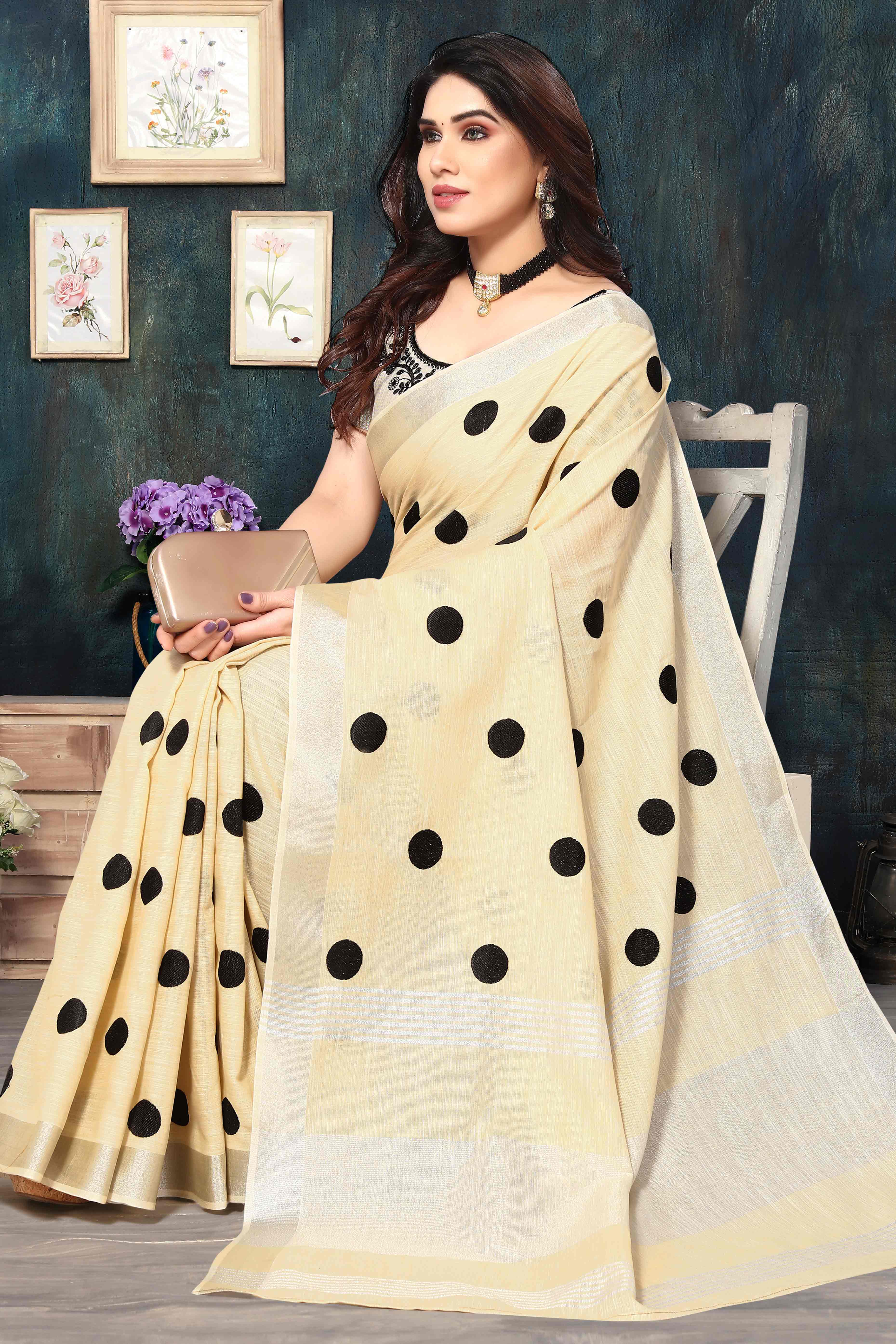 Peachmode Cream Embroidered Linen Cotton Saree With Zari Border - view 4