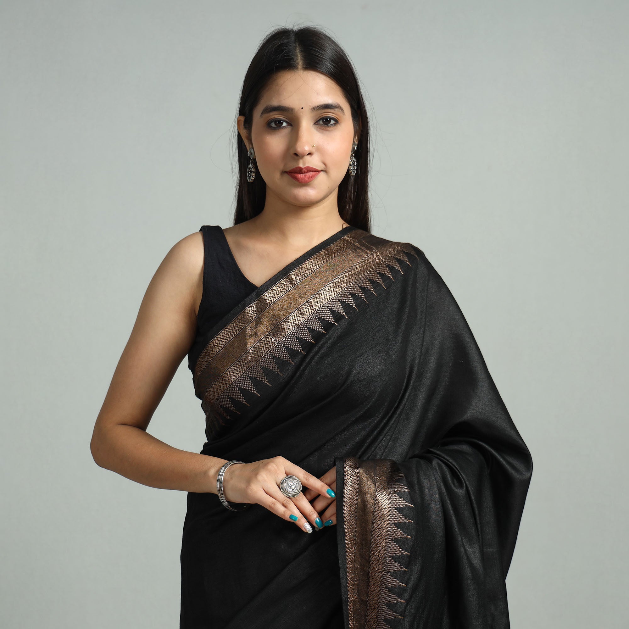 ITOKRI CRAFTS INITIATIVE Black - Vidarbha Tussar Bamboo Cotton Handloom Zari Border Saree 20 - view 4