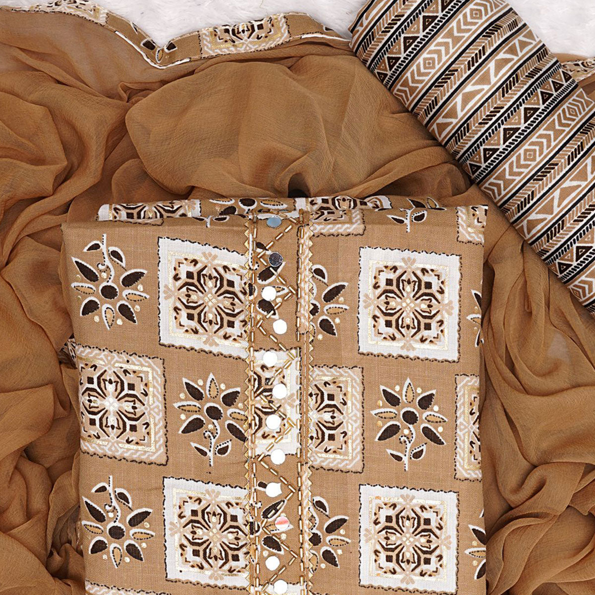 Peachmode Chikoo Floral Printed Pure Cotton Dress Material - view 2