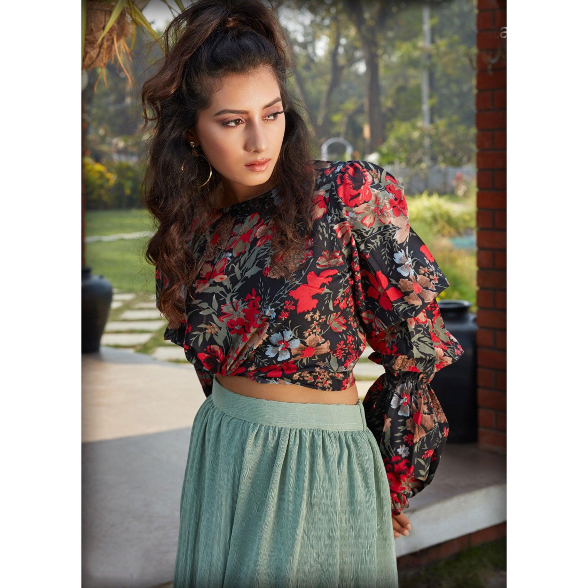 Peachmode Seller Glorious Black-Pista Green Colored Casual Wear Printed Western Crop Top - Skirt Set - view 2