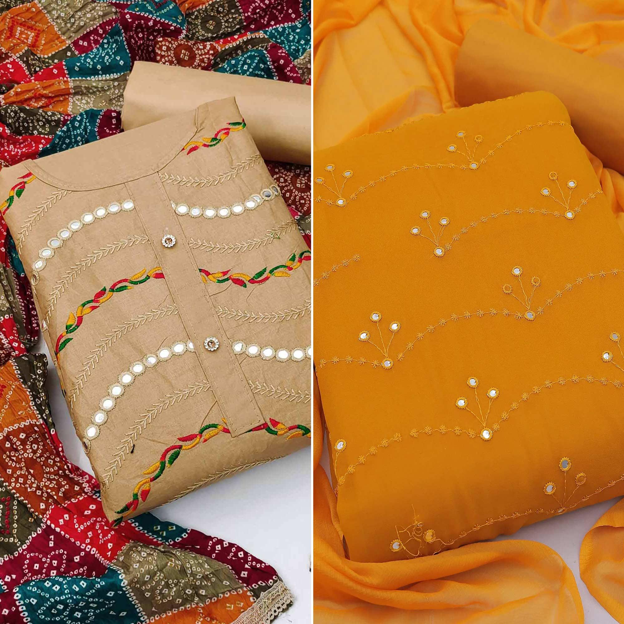 Peachmode Chikoo And Dark Yellow Dress Material Pack Of 2